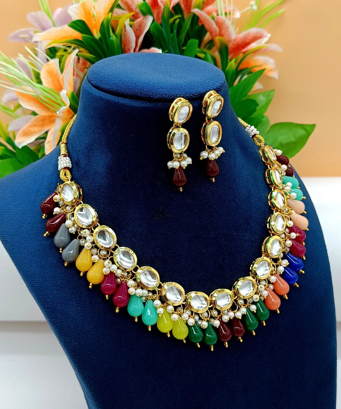 Gold Plated Multi Gemstone Necklace Set