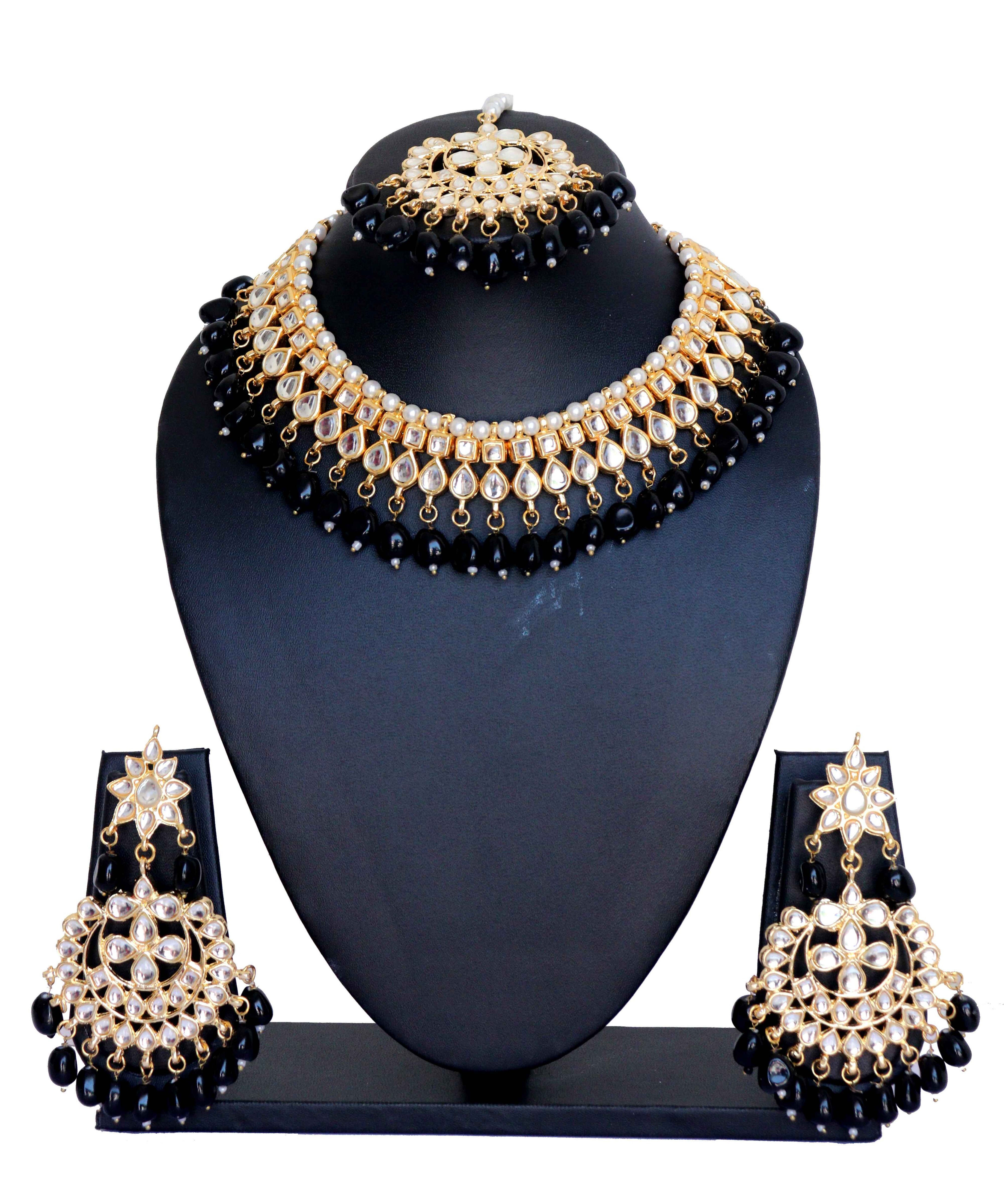 Kundan Choker Necklace Set with Black Pearls