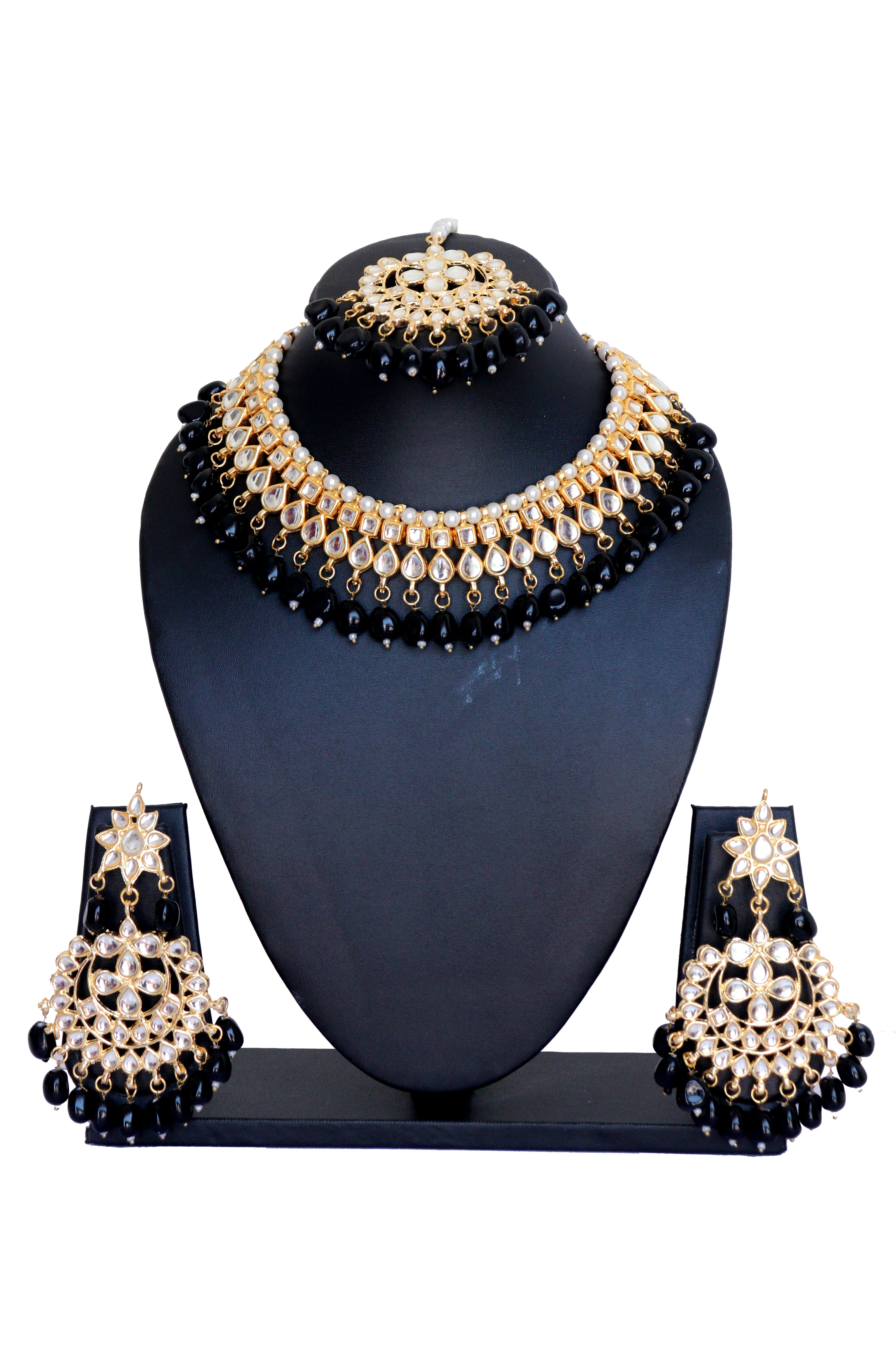 Kundan Choker Necklace Set with Black Pearls