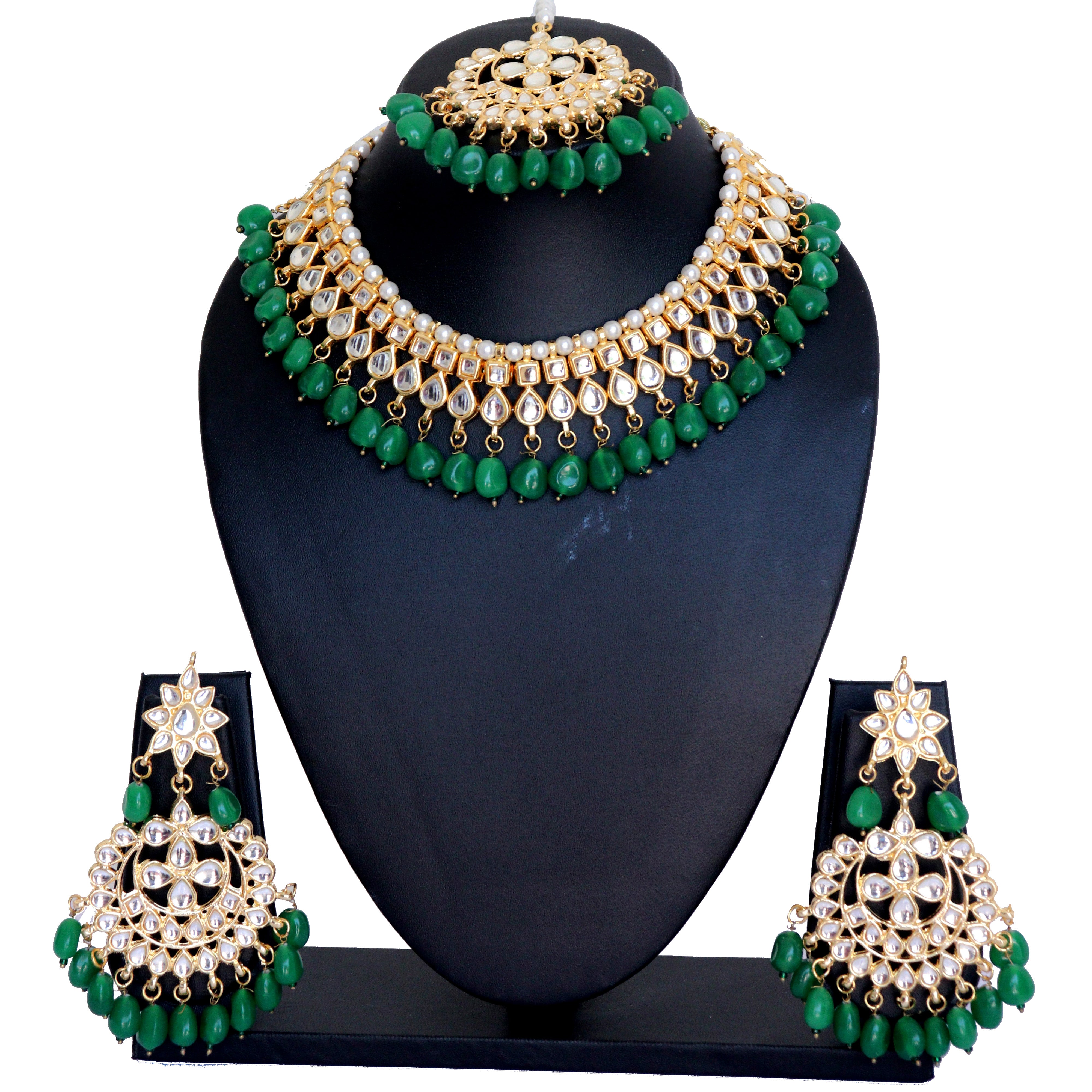 Kundan Choker Necklace Set with Green Pearls