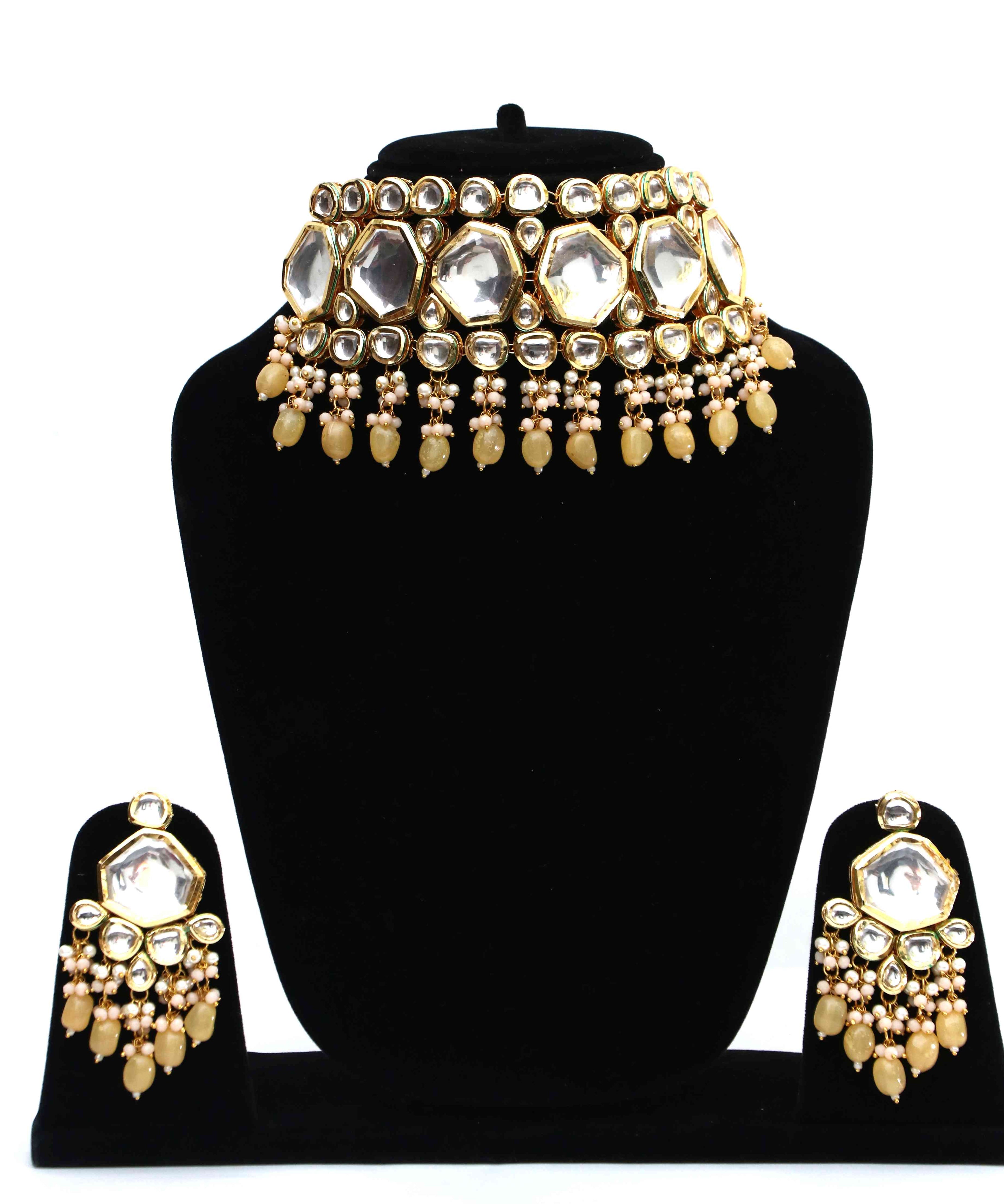 Gold-Plated Light Yellow Tumble And Polki Kundan Studded Jewellery Set