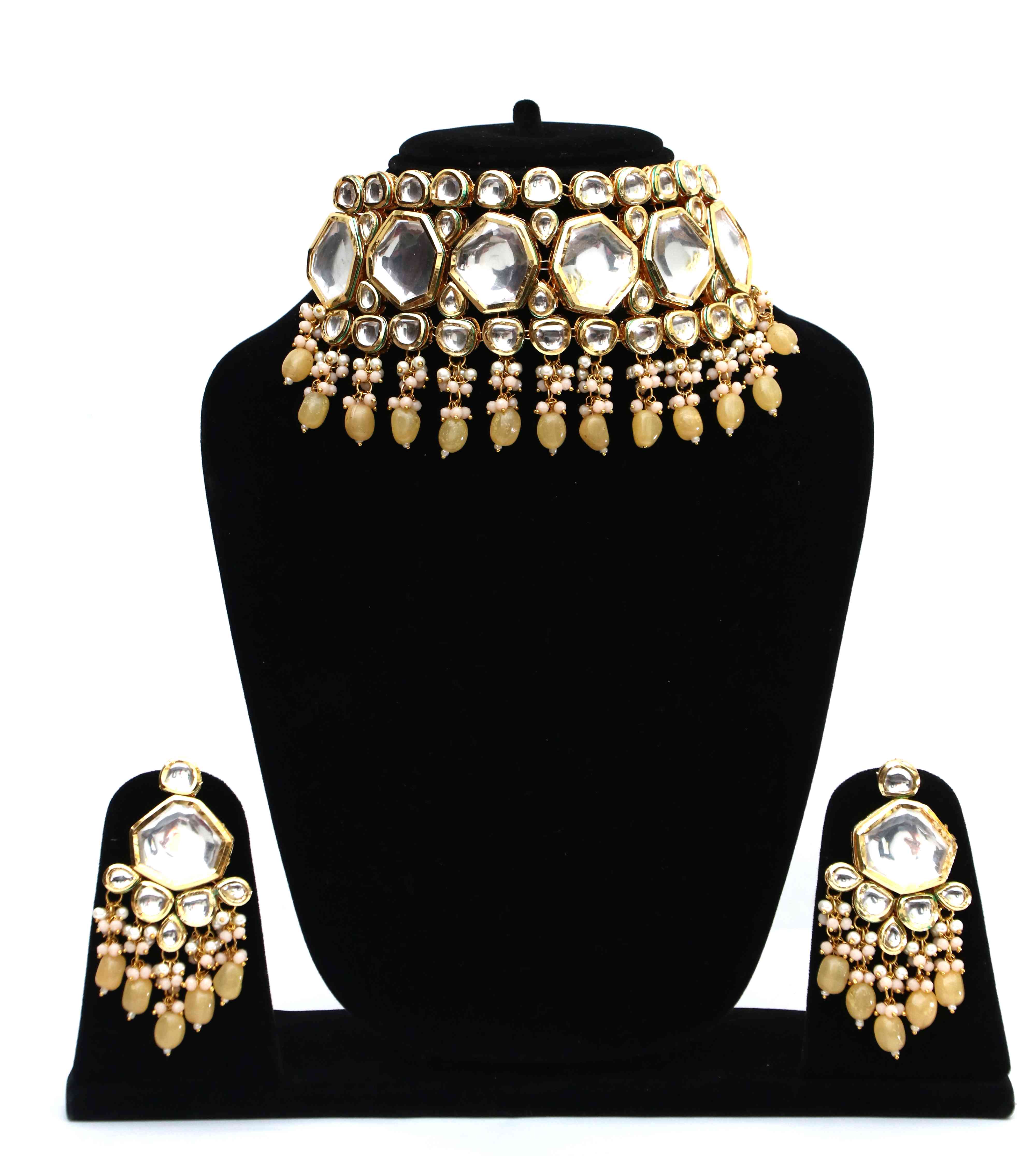 Gold-Plated Light Yellow Tumble And Polki Kundan Studded Jewellery Set