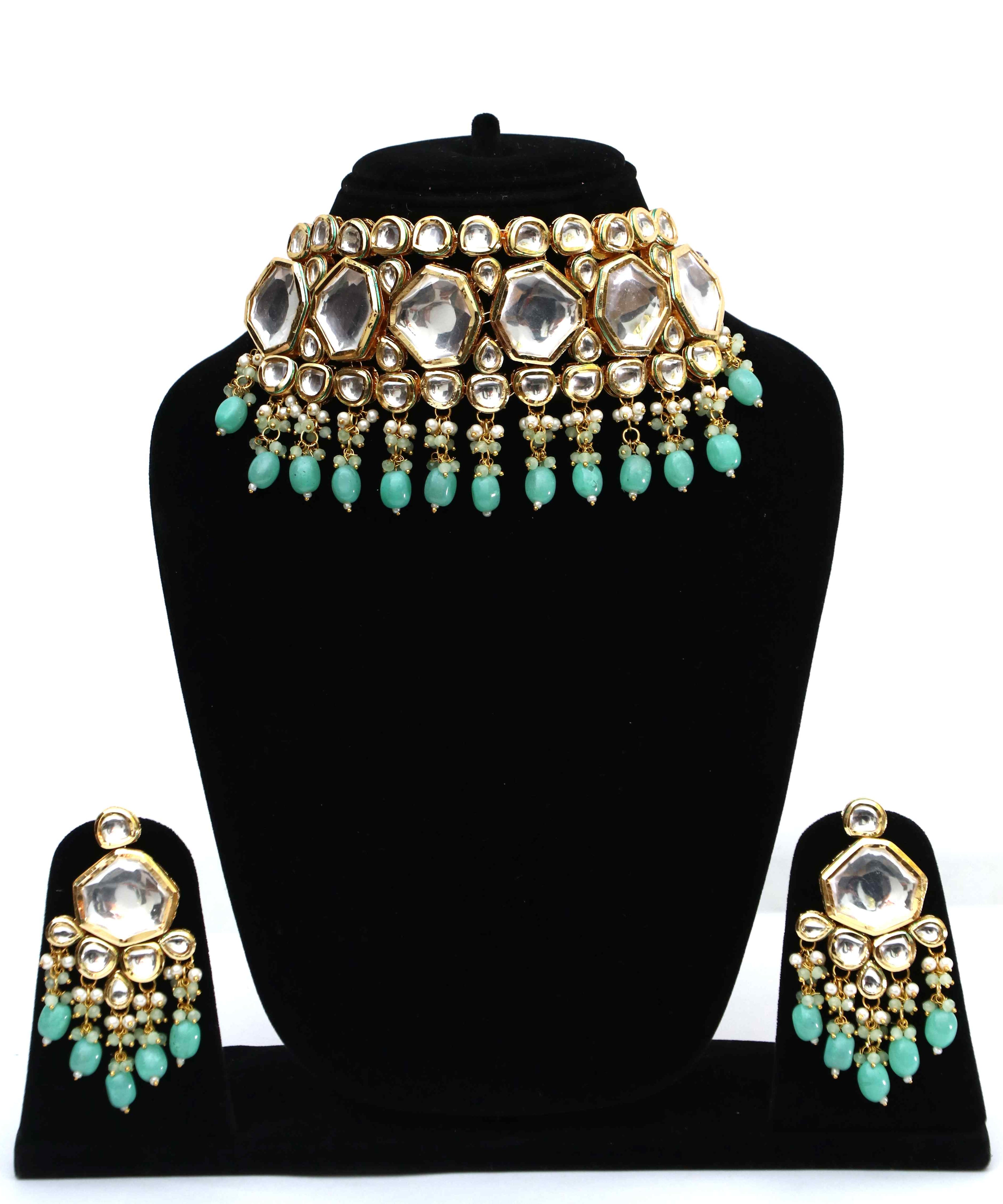 Gold-Plated Mint Green Tumble And Polki Kundan Studded Jewellery Set