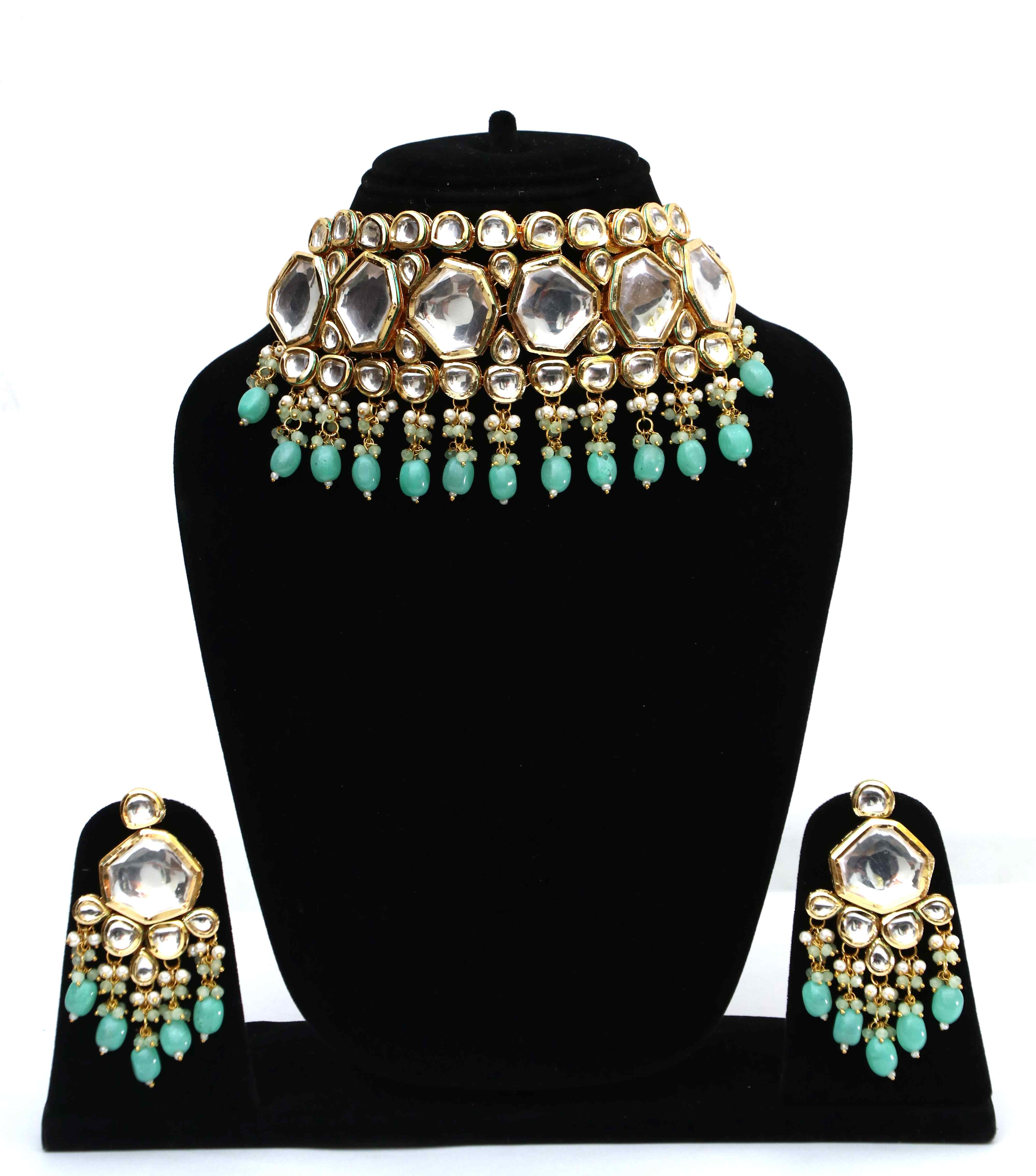 Gold-Plated Mint Green Tumble And Polki Kundan Studded Jewellery Set