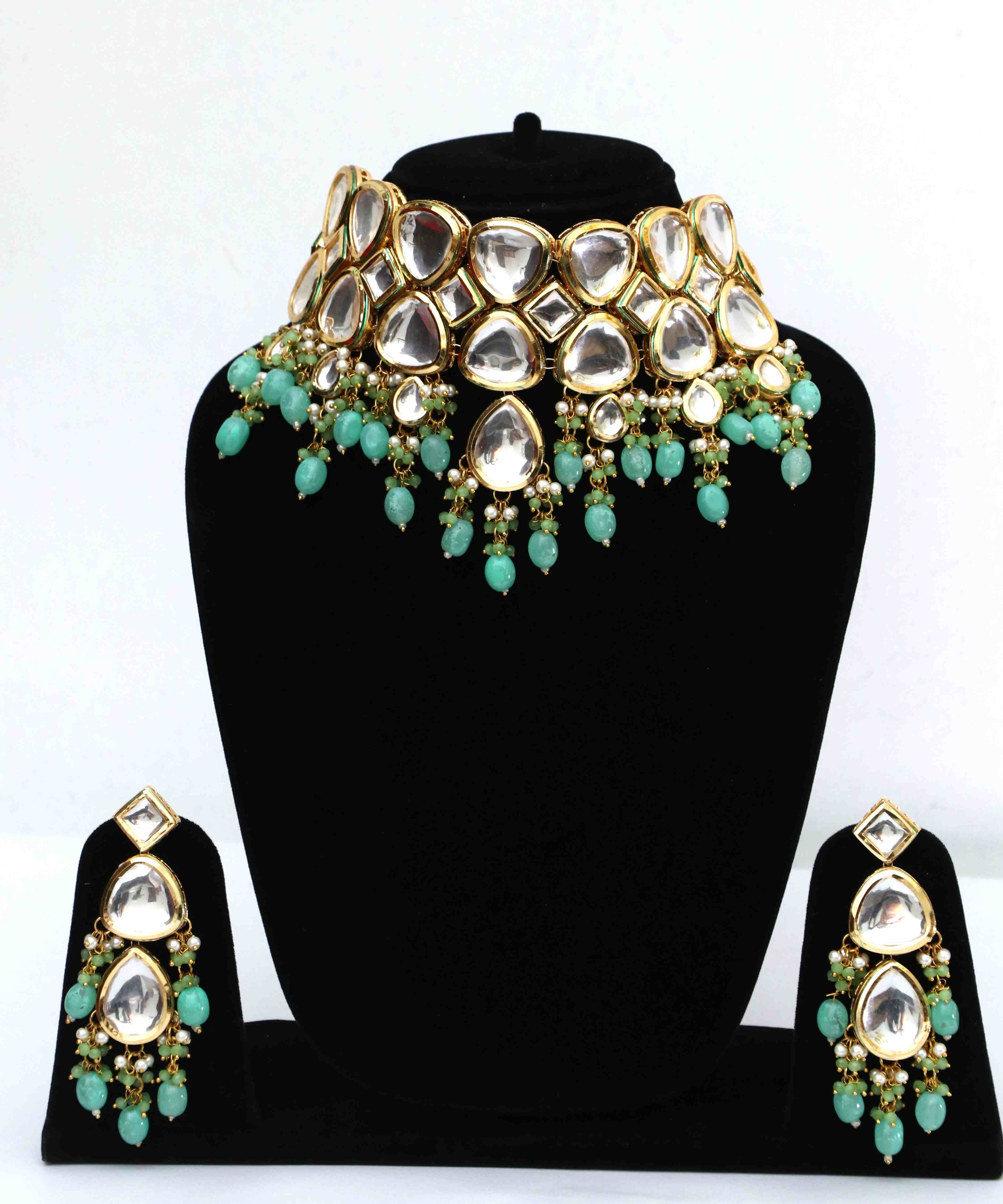 Gold-Plated Mint Green Tumble And Polki Kundan Studded Jewellery Set