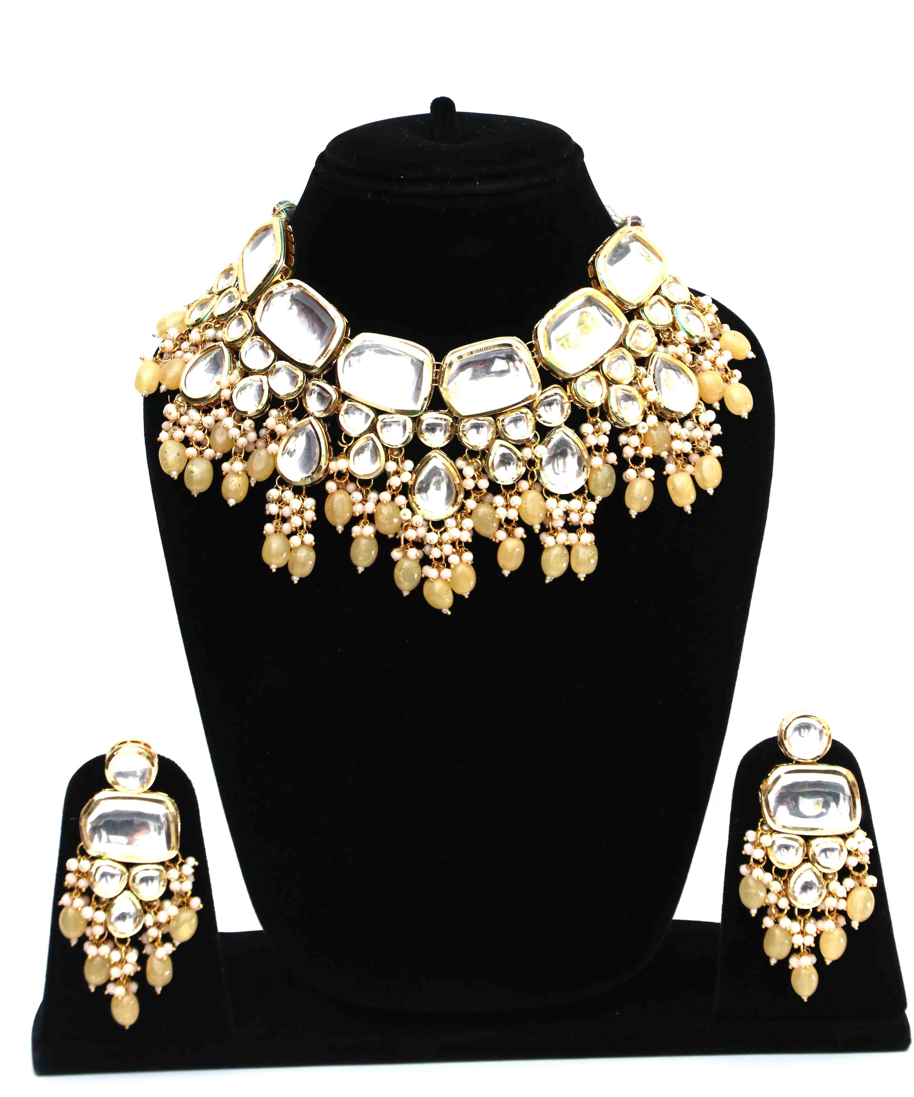 Gold-Plated Yellow Polki Kundan Studded Jewellery Set