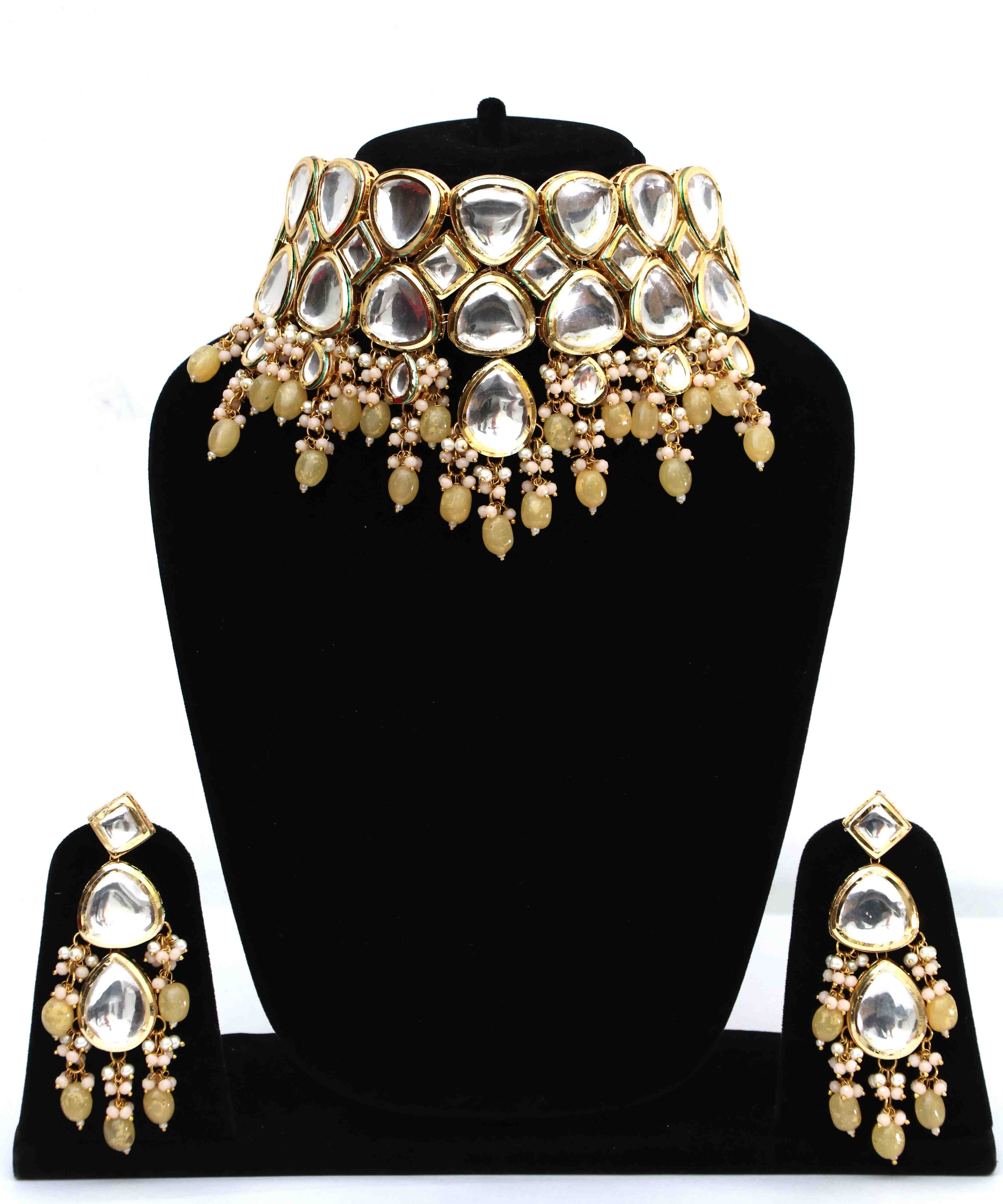 Gold-Plated Yellow Tumble And Polki Kundan Studded Jewellery Set