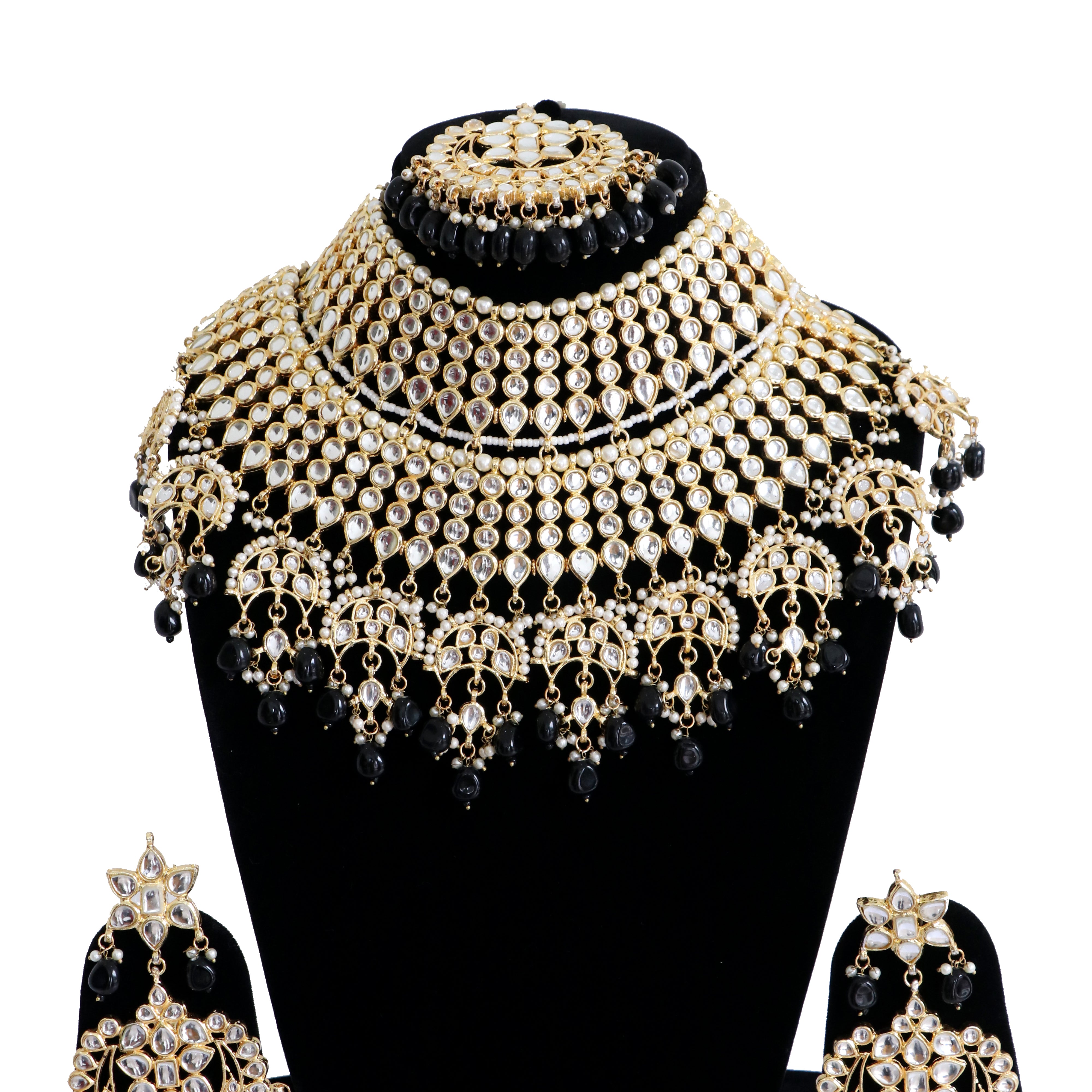 Kundan Bridal Necklace Set with Earrings and Maang Tikka - Black