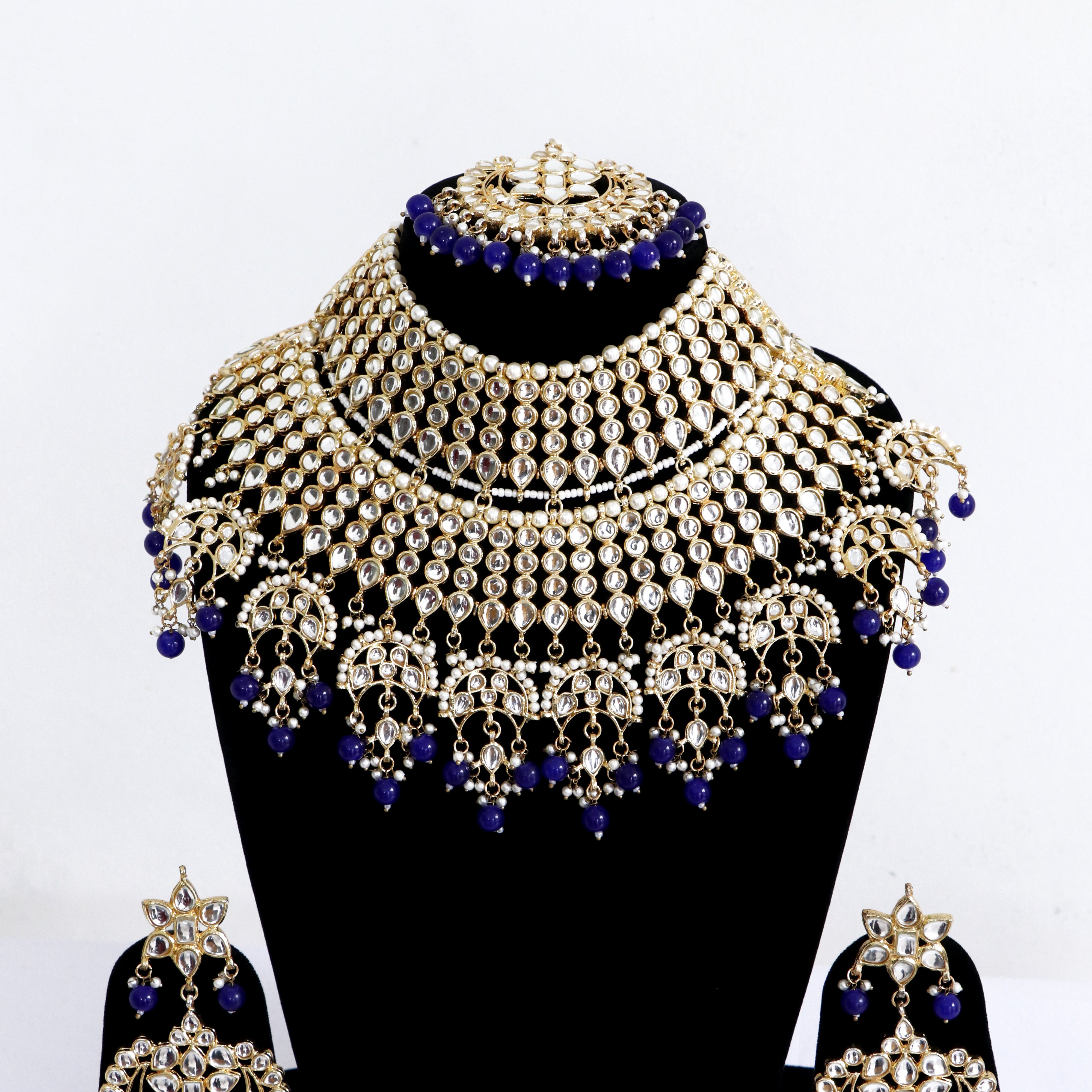 Kundan Bridal Necklace Set with Earrings and Maang Tikka - Blue