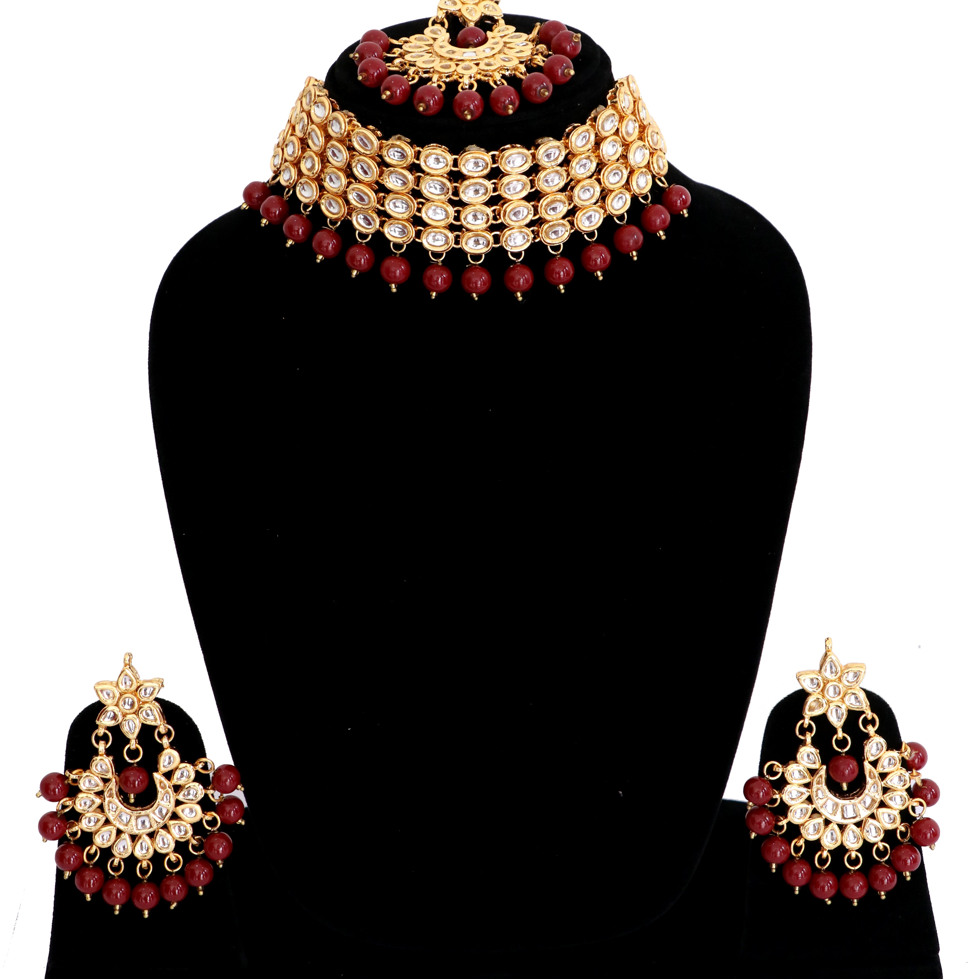 Kundan Necklace Set With Earring & Maang Tikka - Maroon