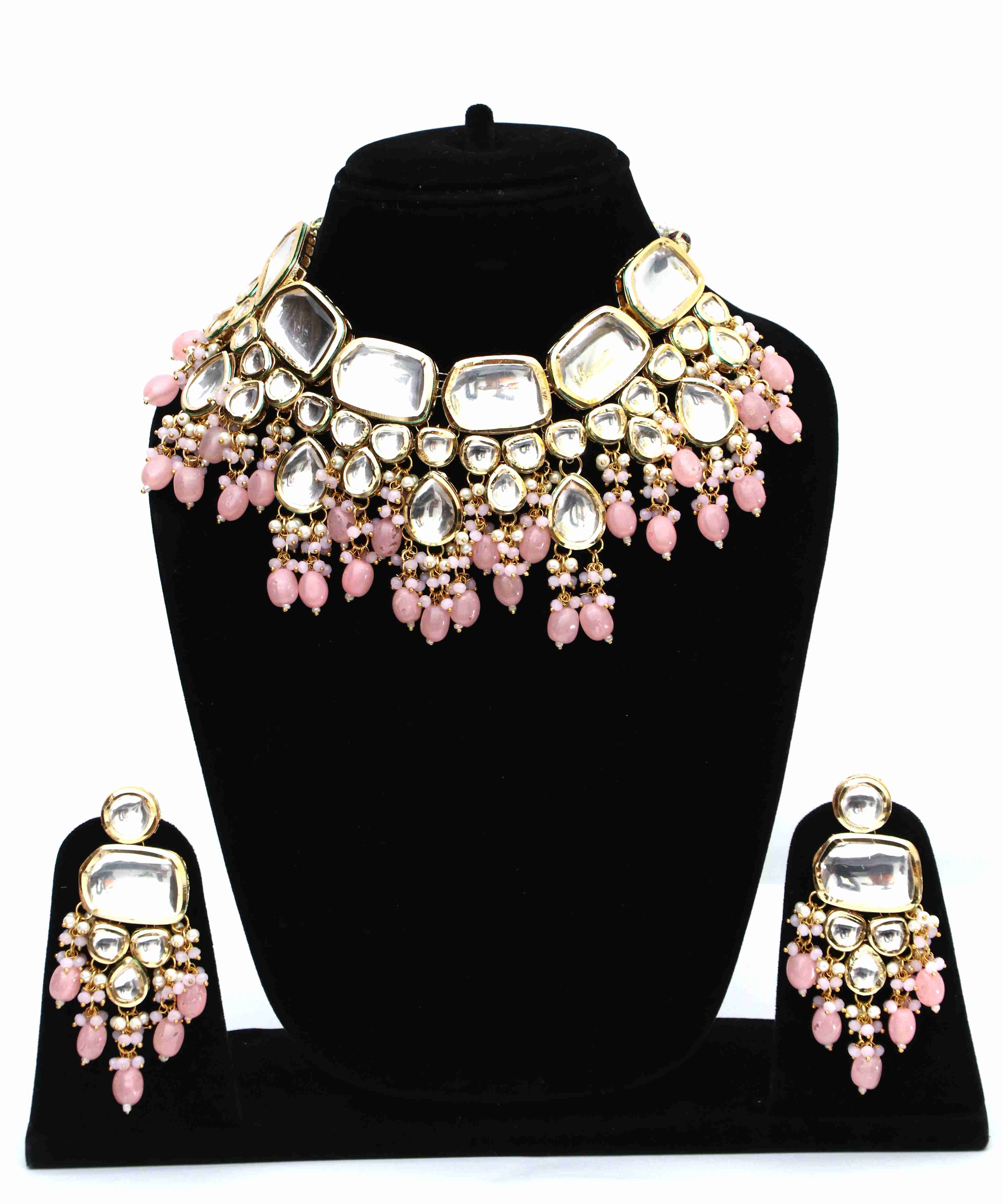 Gold-Plated Pink Tumble And Polki Kundan Studded Jewellery Set