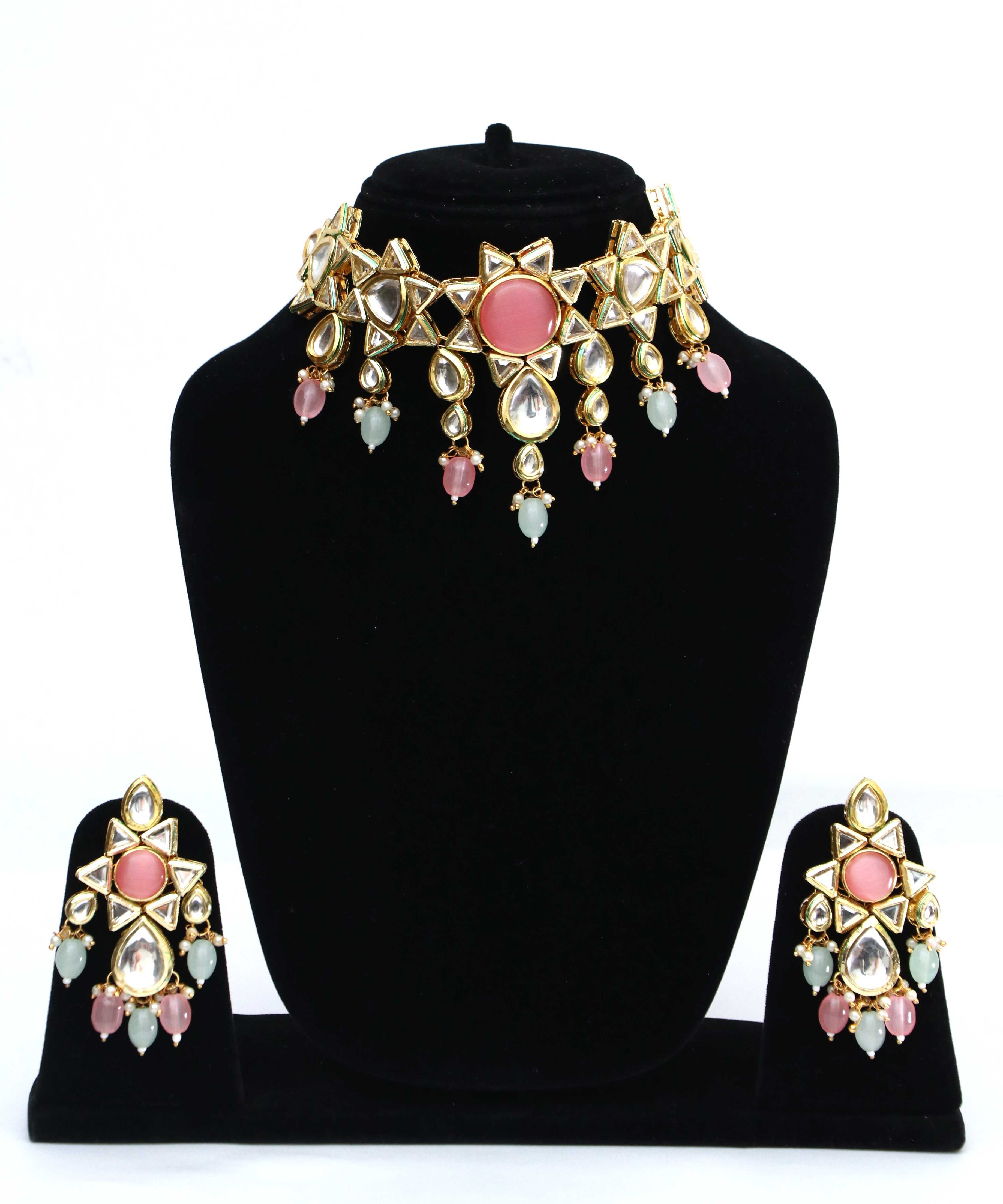 Pink Tumble Polki Choker Necklace Set for Women with Earrings & Maang Tikka