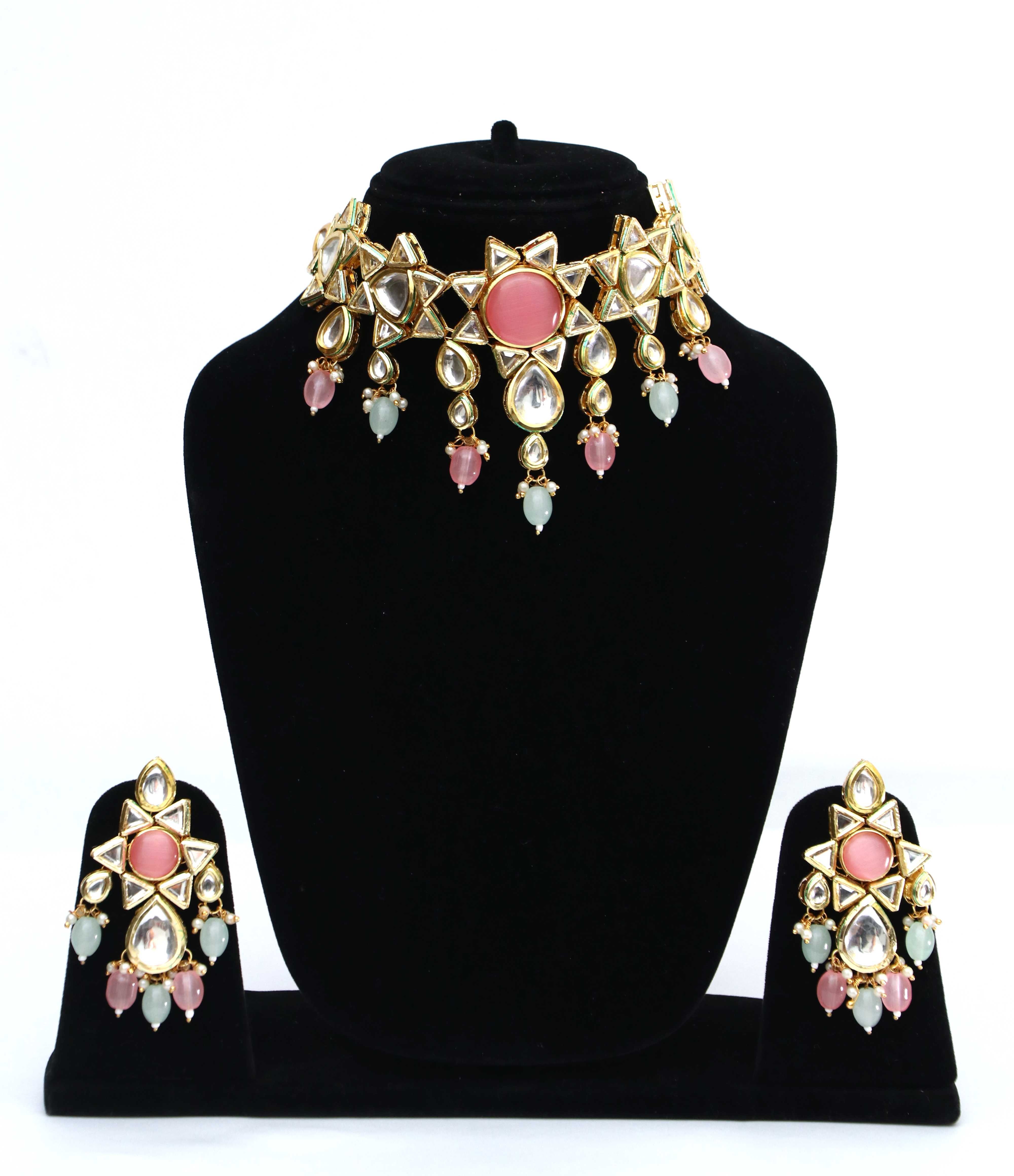 Pink Tumble Polki Choker Necklace Set for Women with Earrings & Maang Tikka