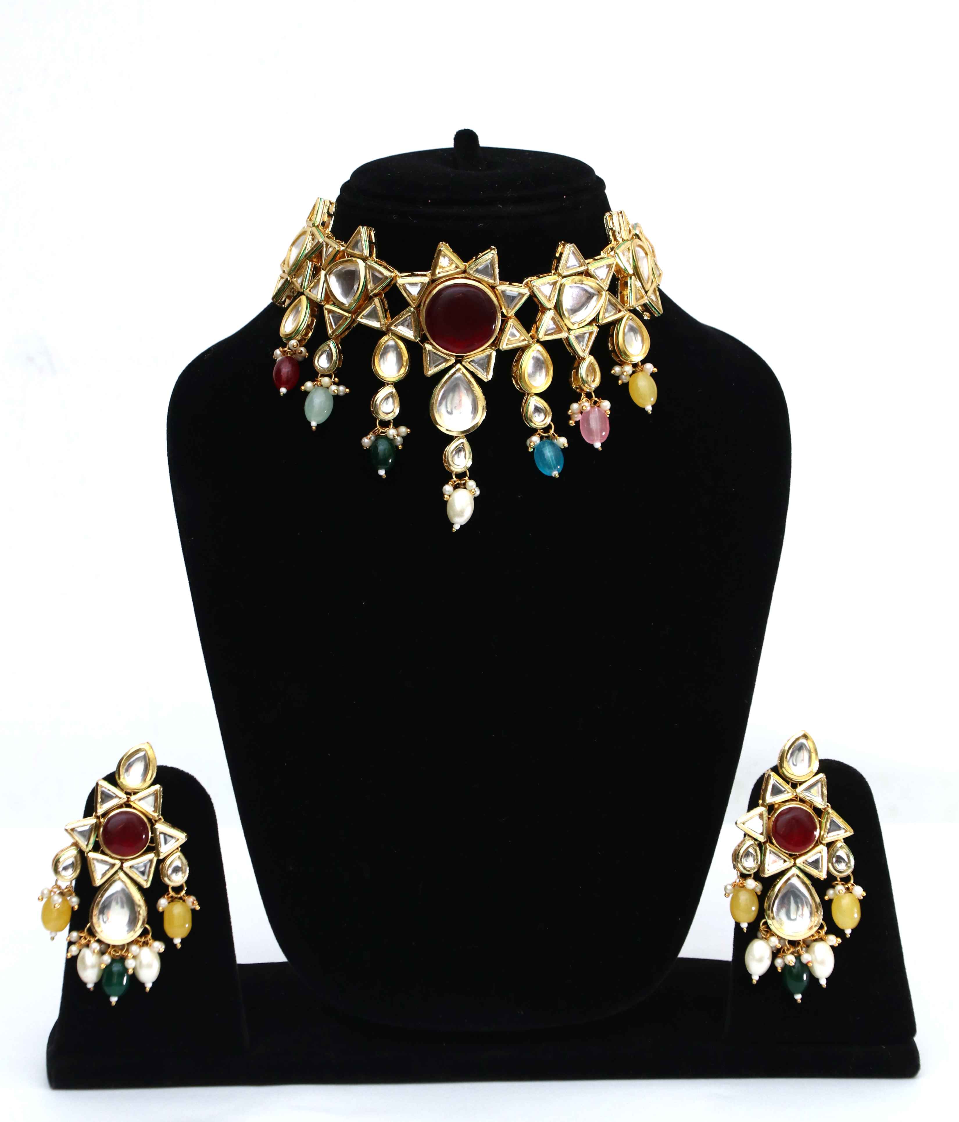 Maroon Gold Plated Crystal and Polki Kundan Choker Necklace Set