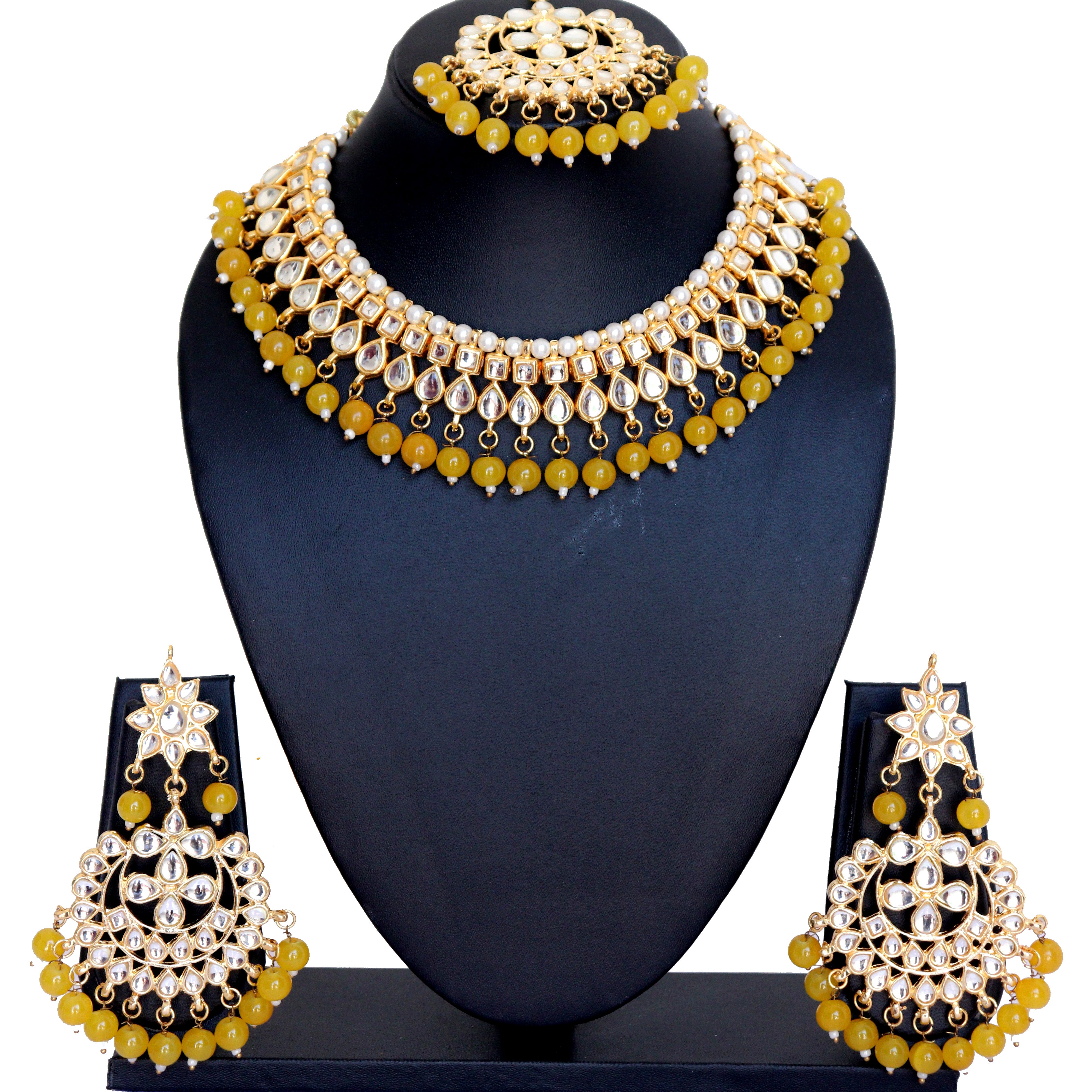 Kundan Choker Necklace Set with Dark Yellow Pearls