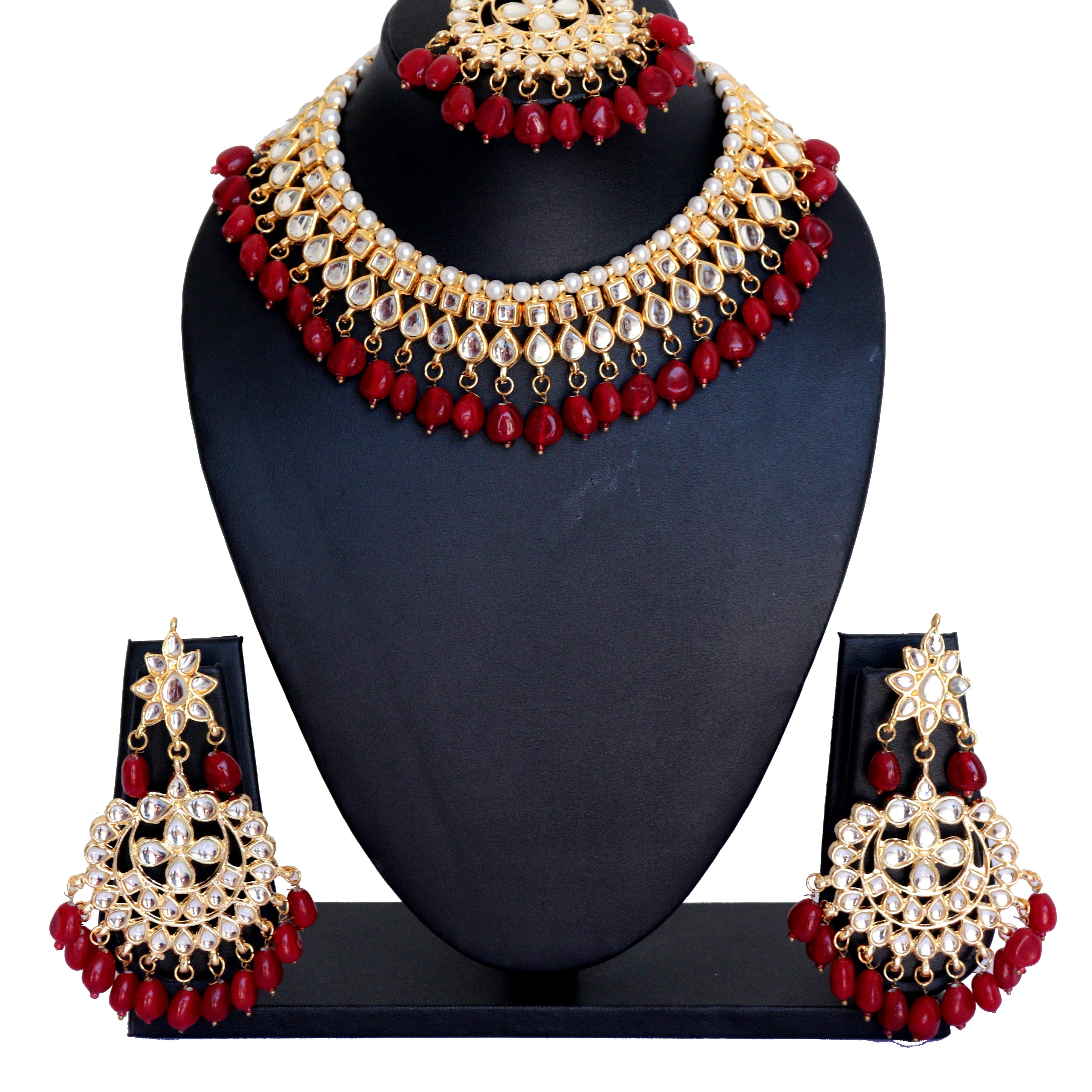 Kundan Choker Necklace Set with Red Pearls