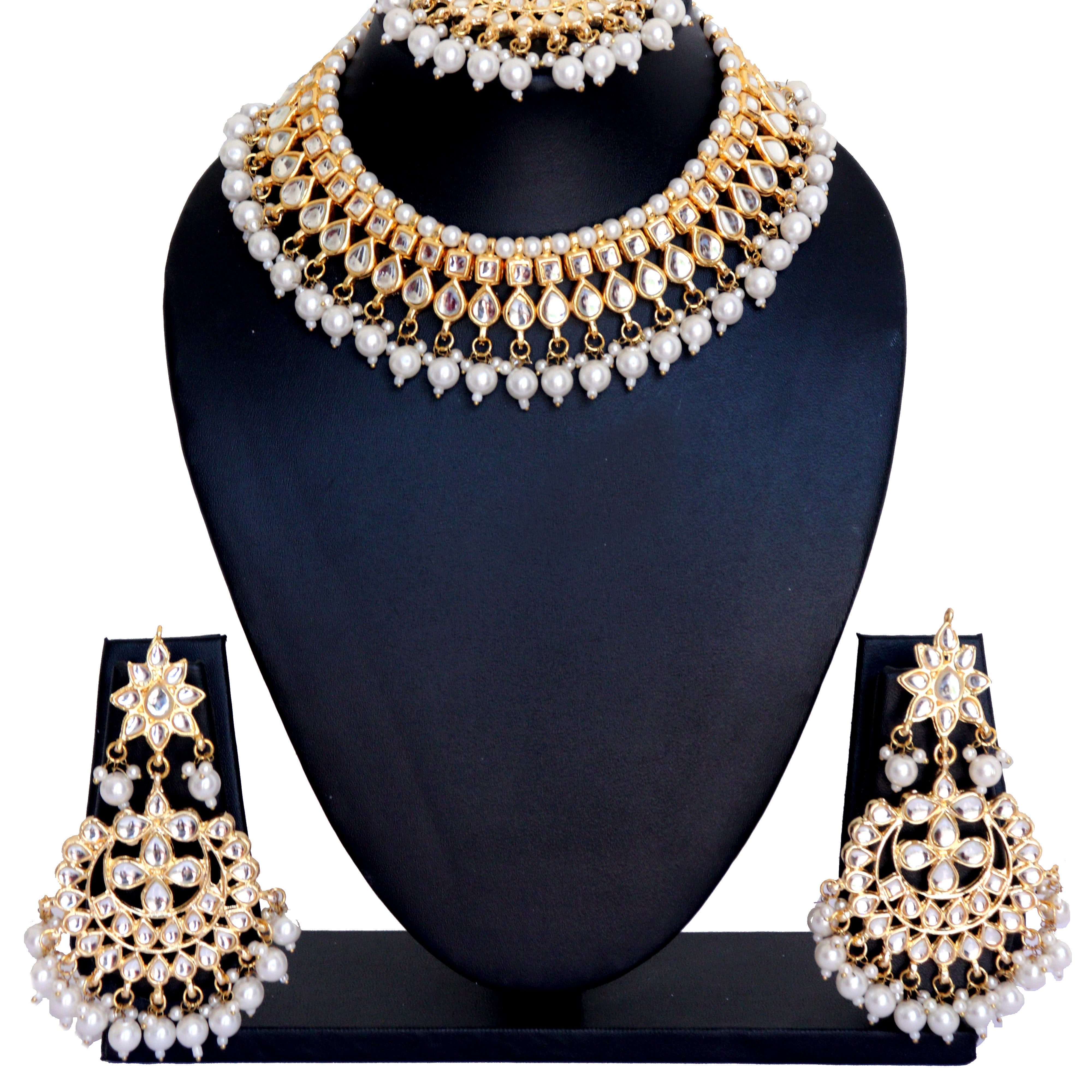 Kundan Choker Necklace Set with White Pearls
