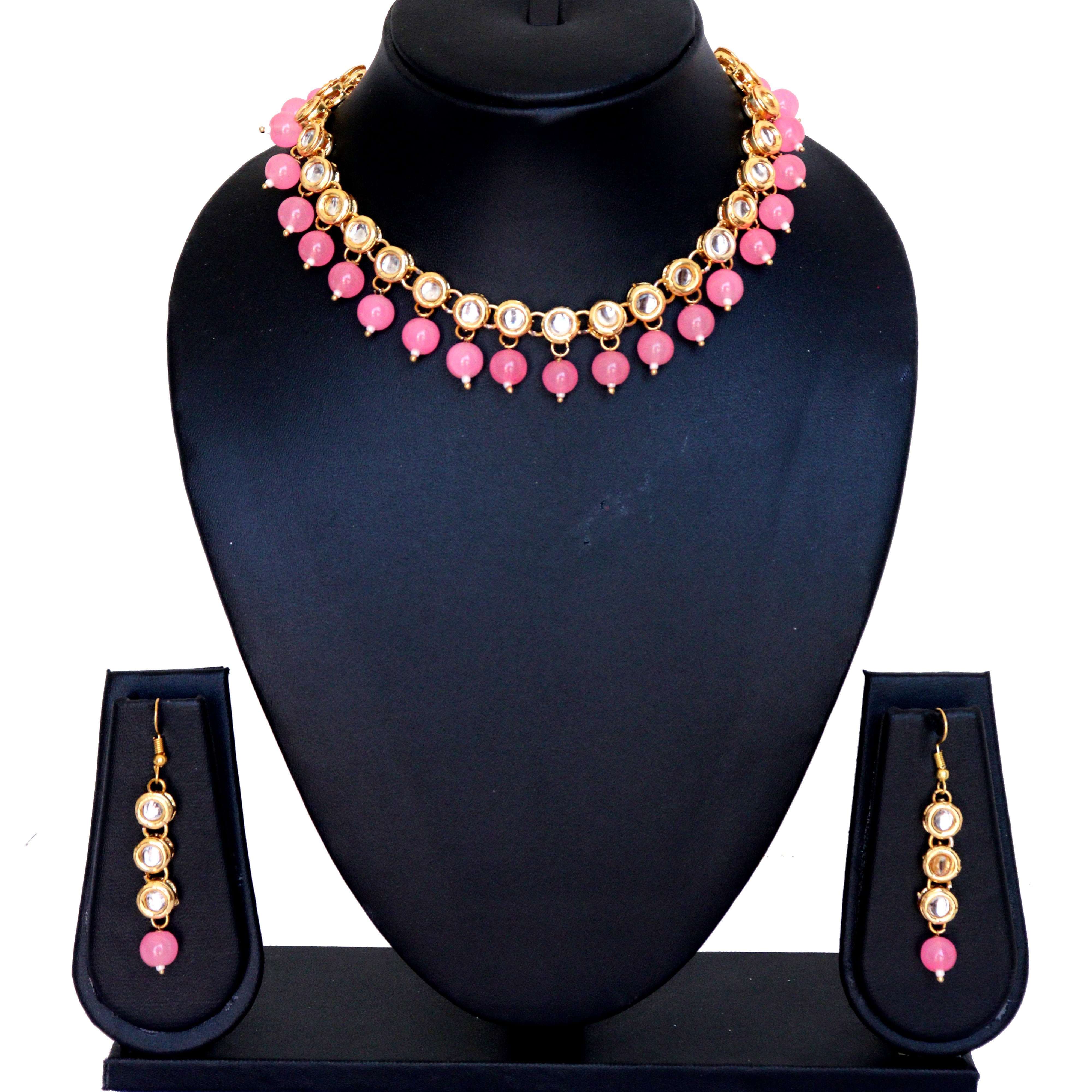 Stone Studded Choker Necklace Set - Pink