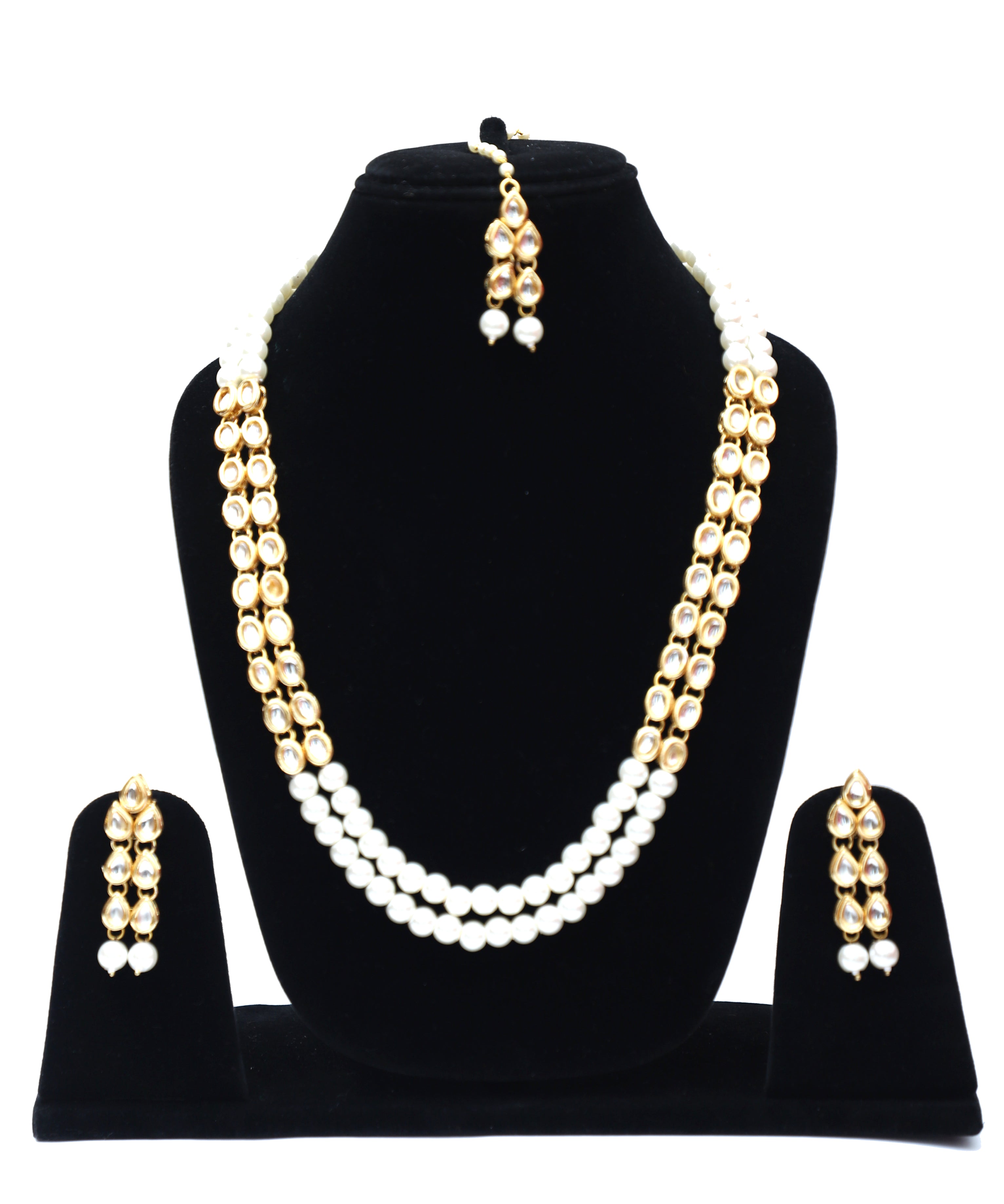 Kundan Long Necklace Set -White