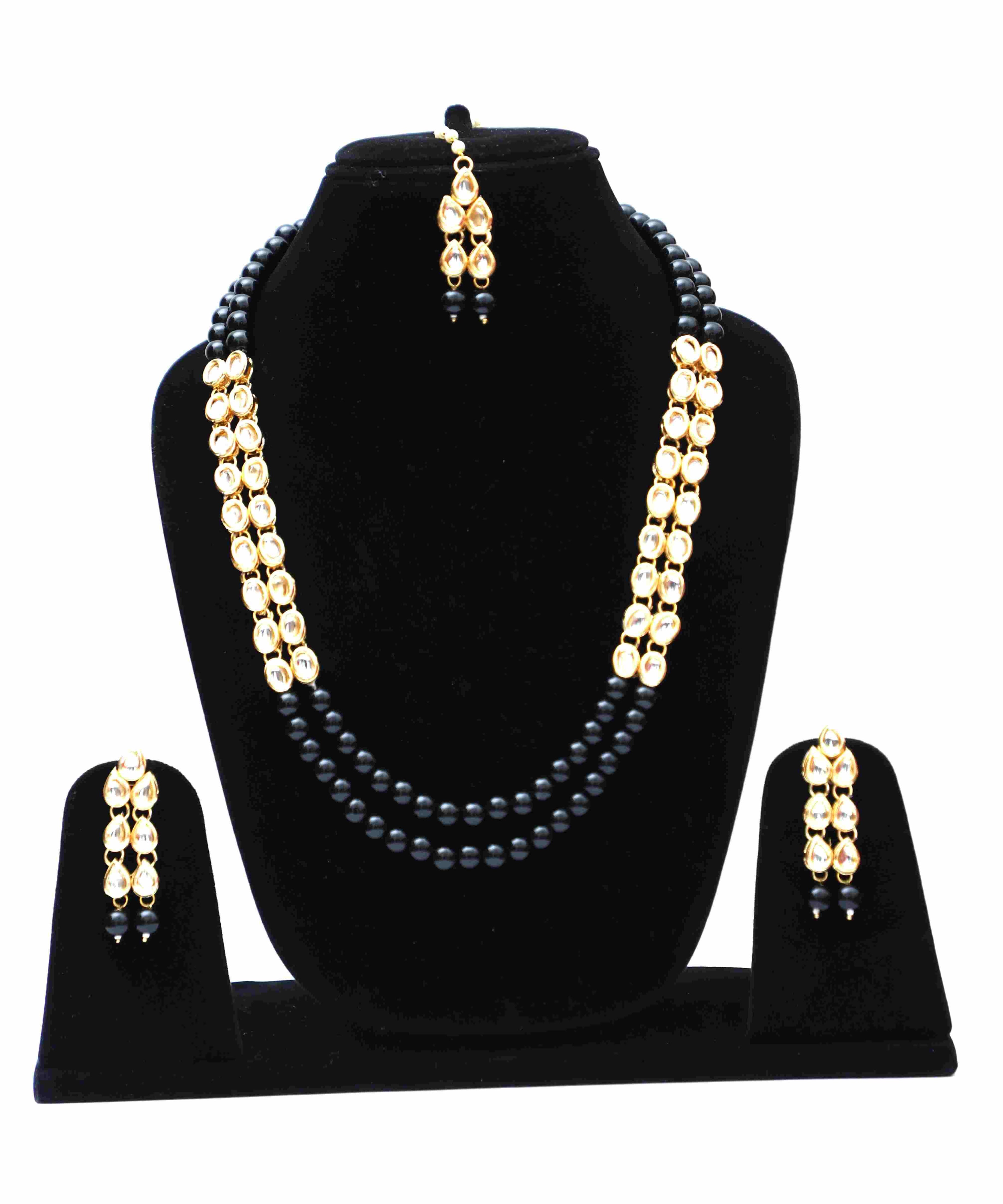 Kundan Long Necklace Set - Black