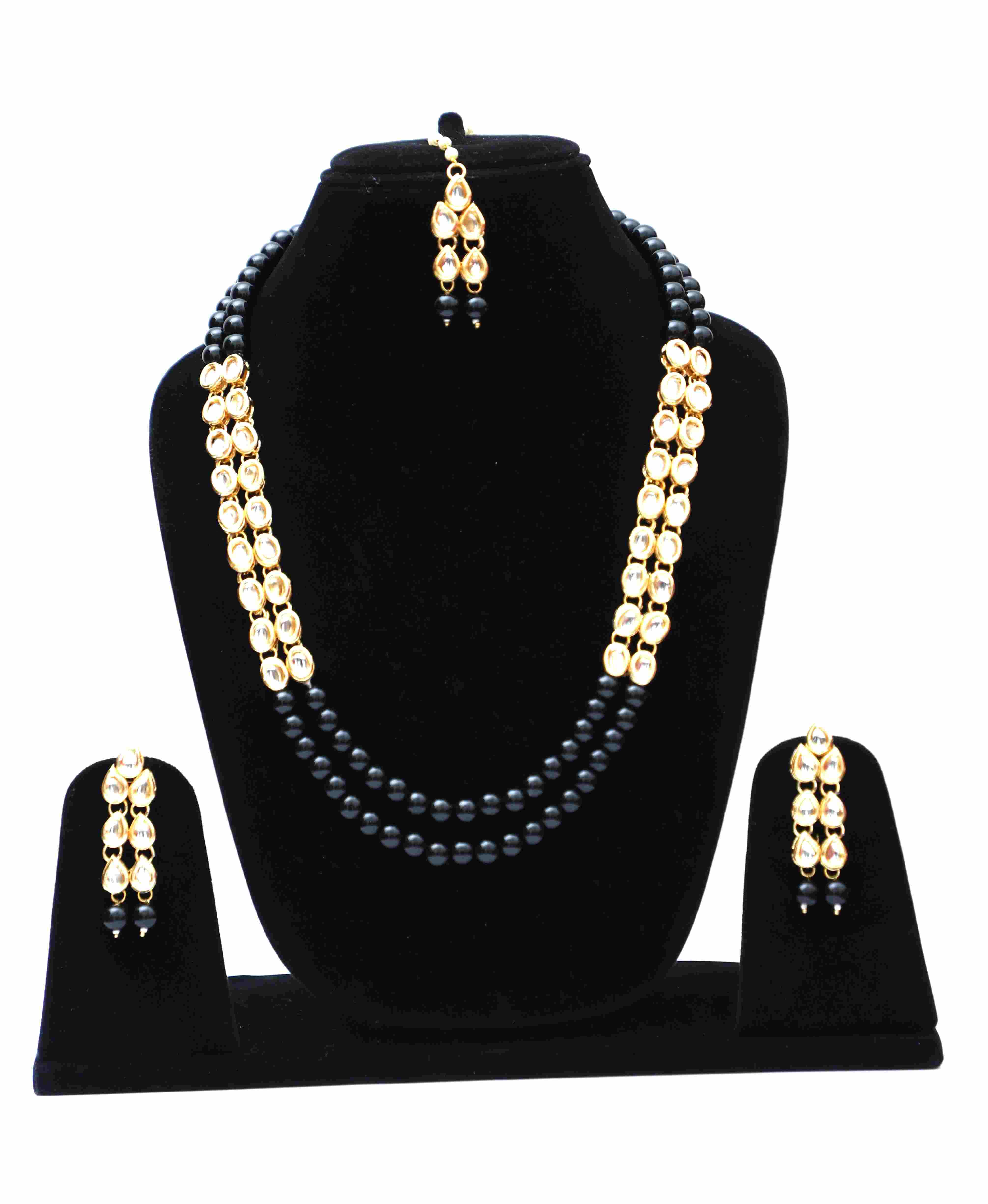 Kundan Long Necklace Set - Black