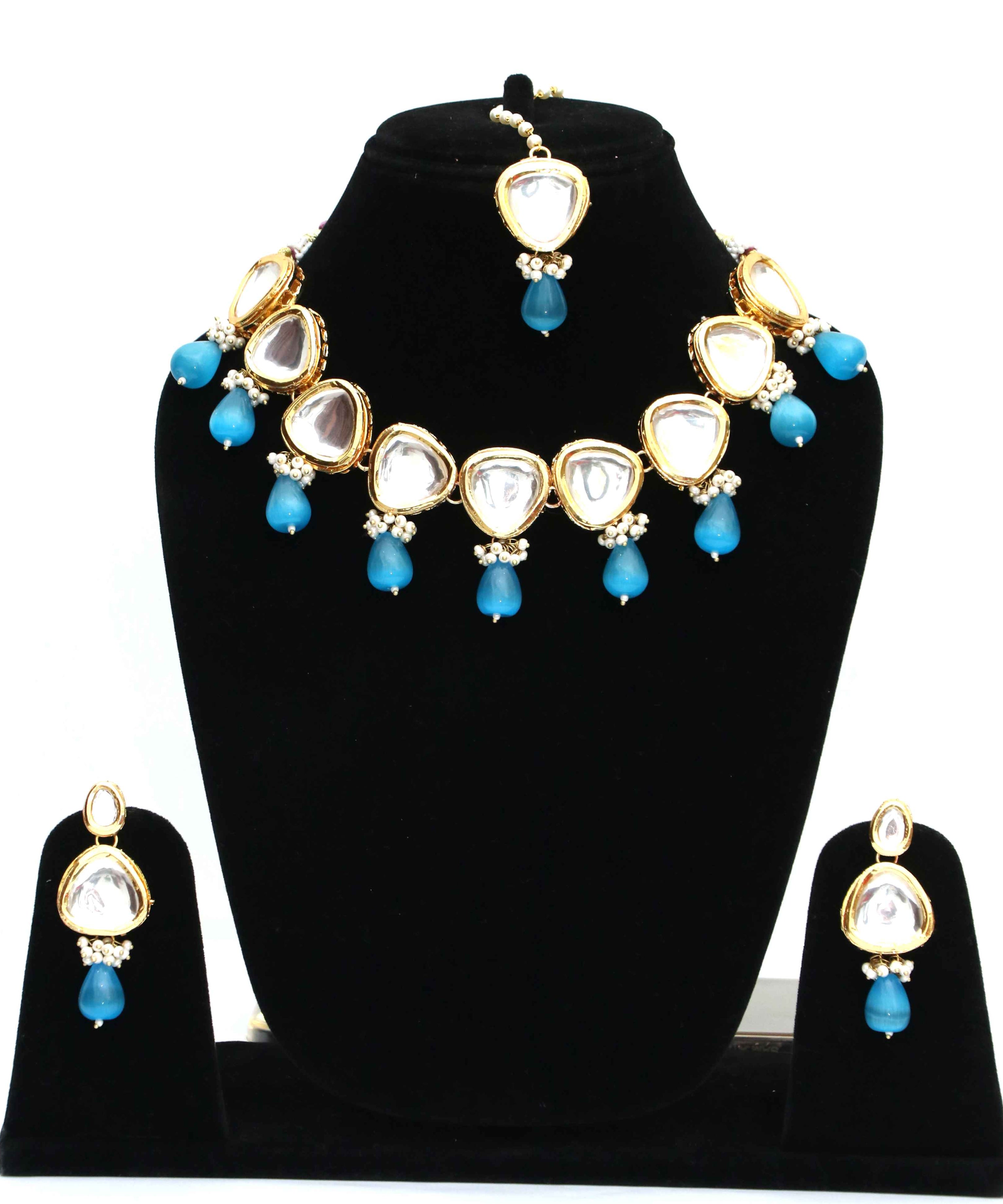 Gold-Plated Blue Tumble Studded Polki Kundan Choker Necklace Set With Monalisa Stone