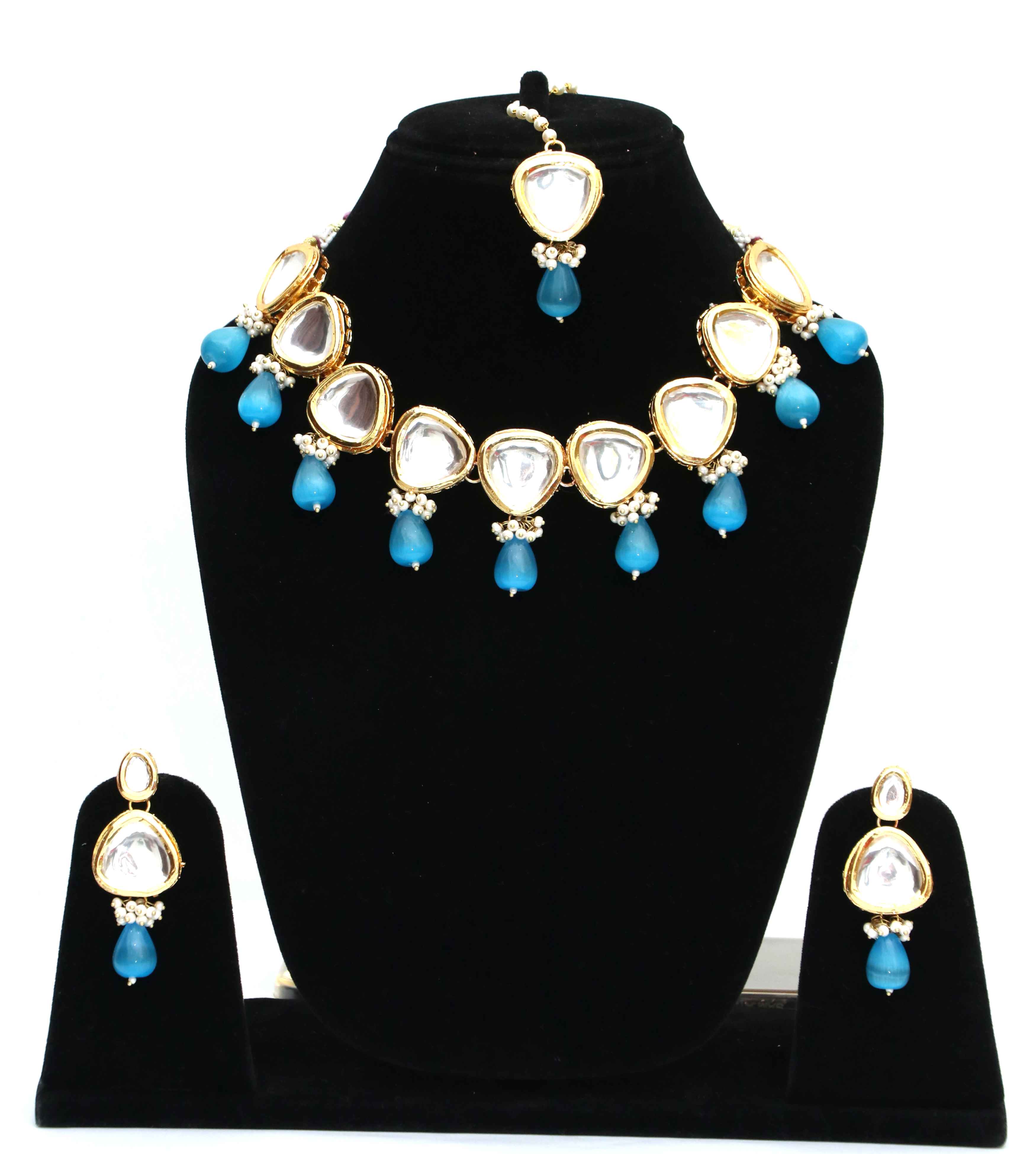 Gold-Plated Blue Tumble Studded Polki Kundan Choker Necklace Set With Monalisa Stone