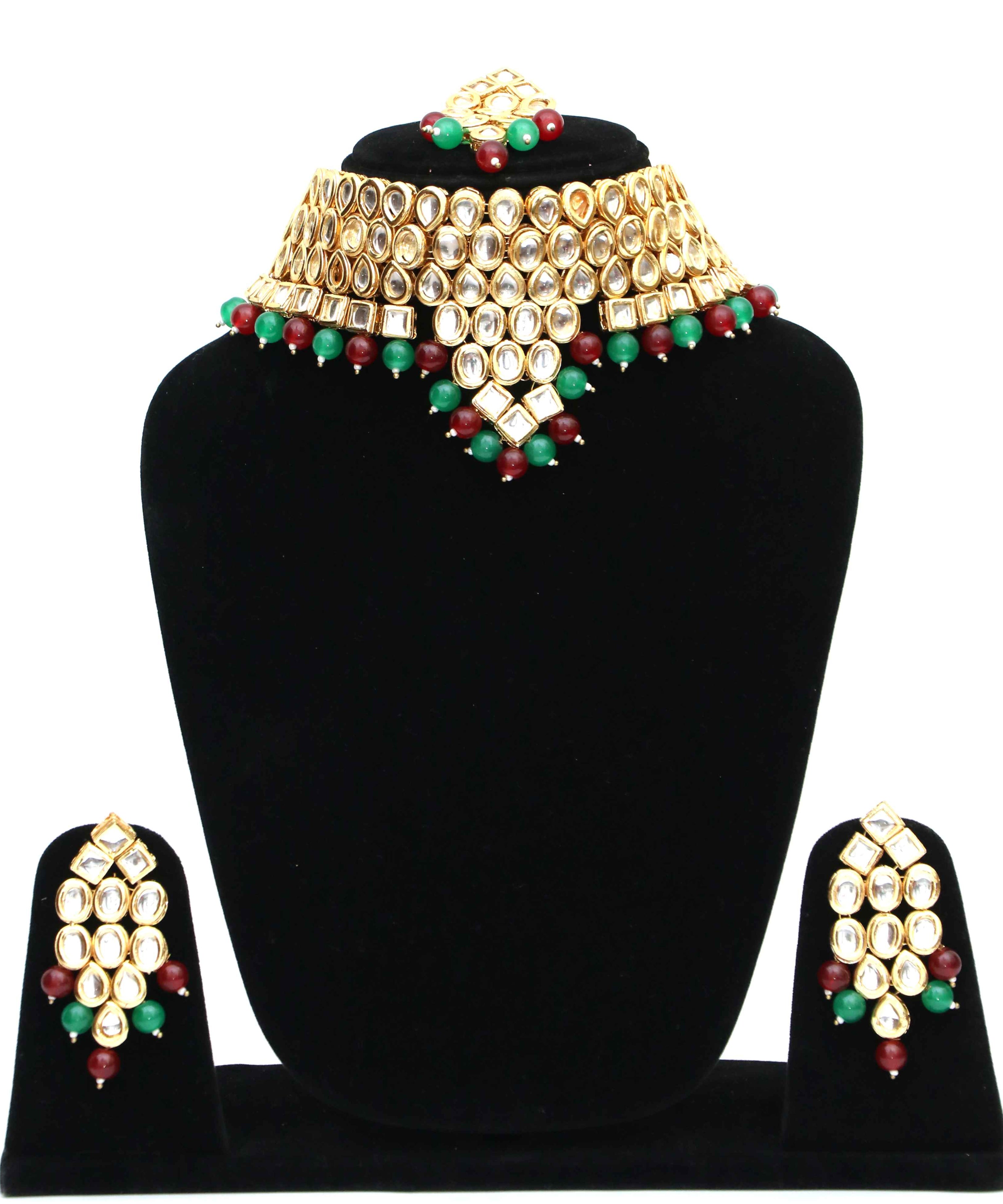 Indian Kundan Choker Necklace Set with Earrings & Maang Tikka