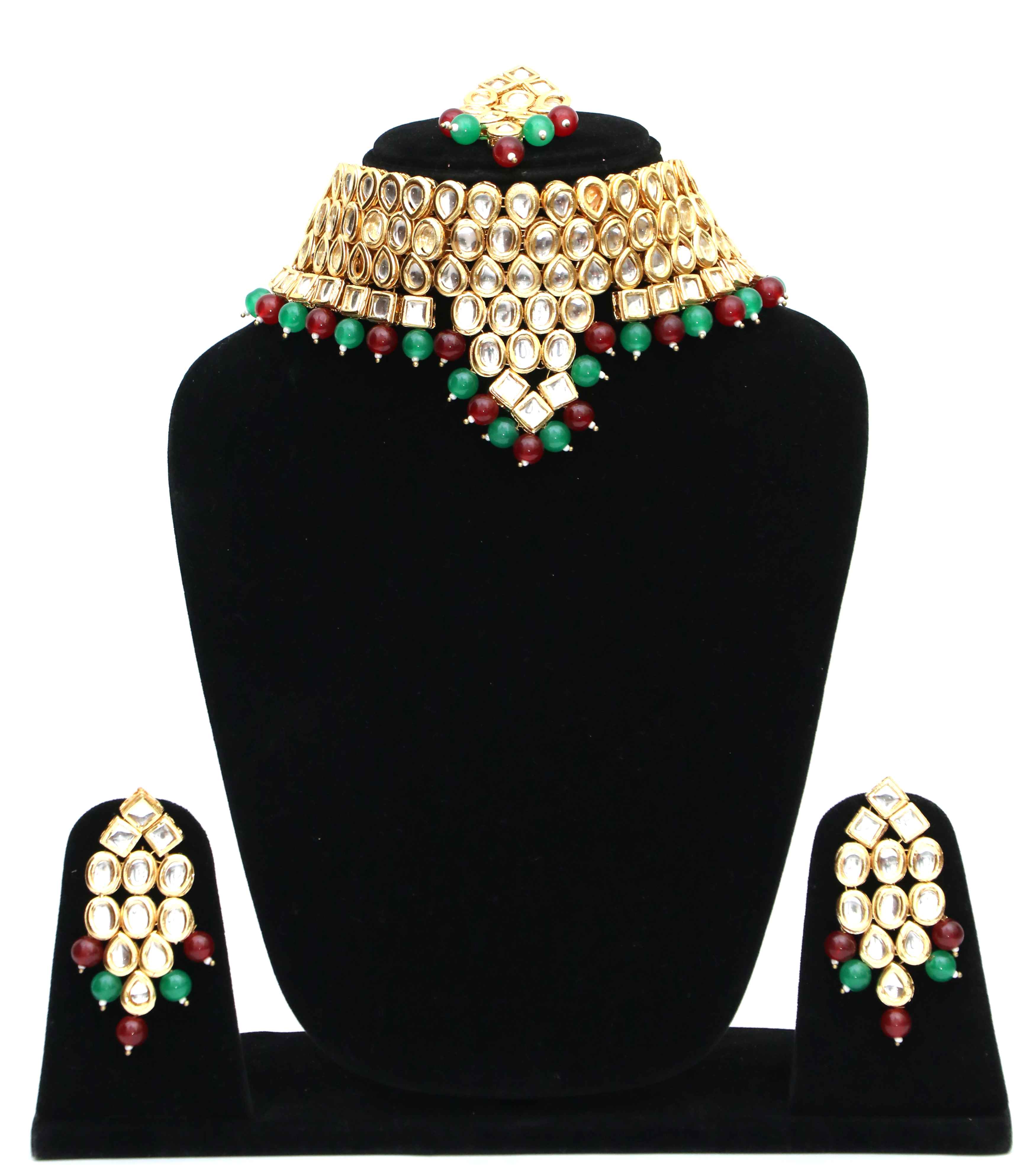 Indian Kundan Choker Necklace Set with Earrings & Maang Tikka