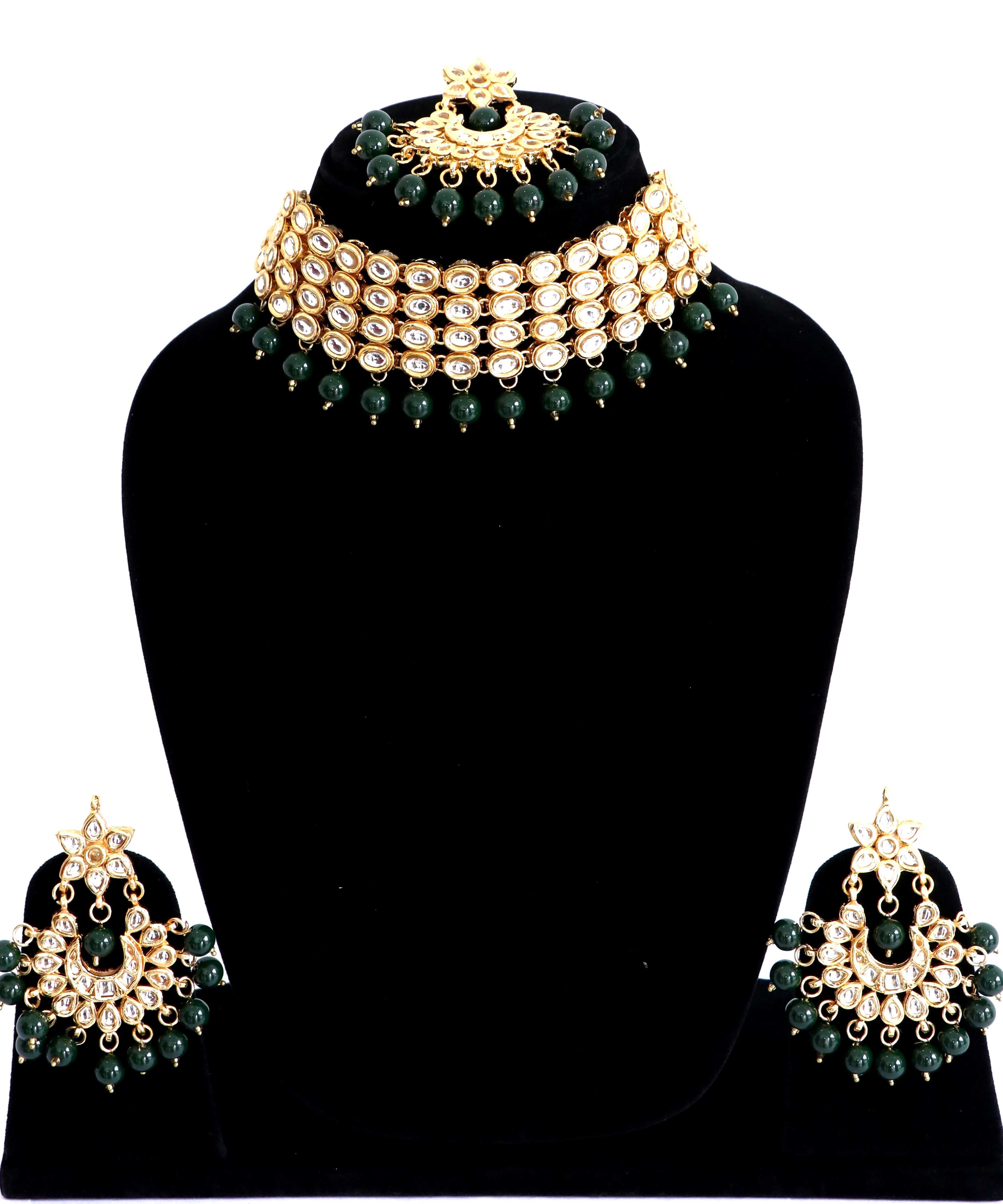 Kundan Necklace Set With Earring & Maang Tikka - Green