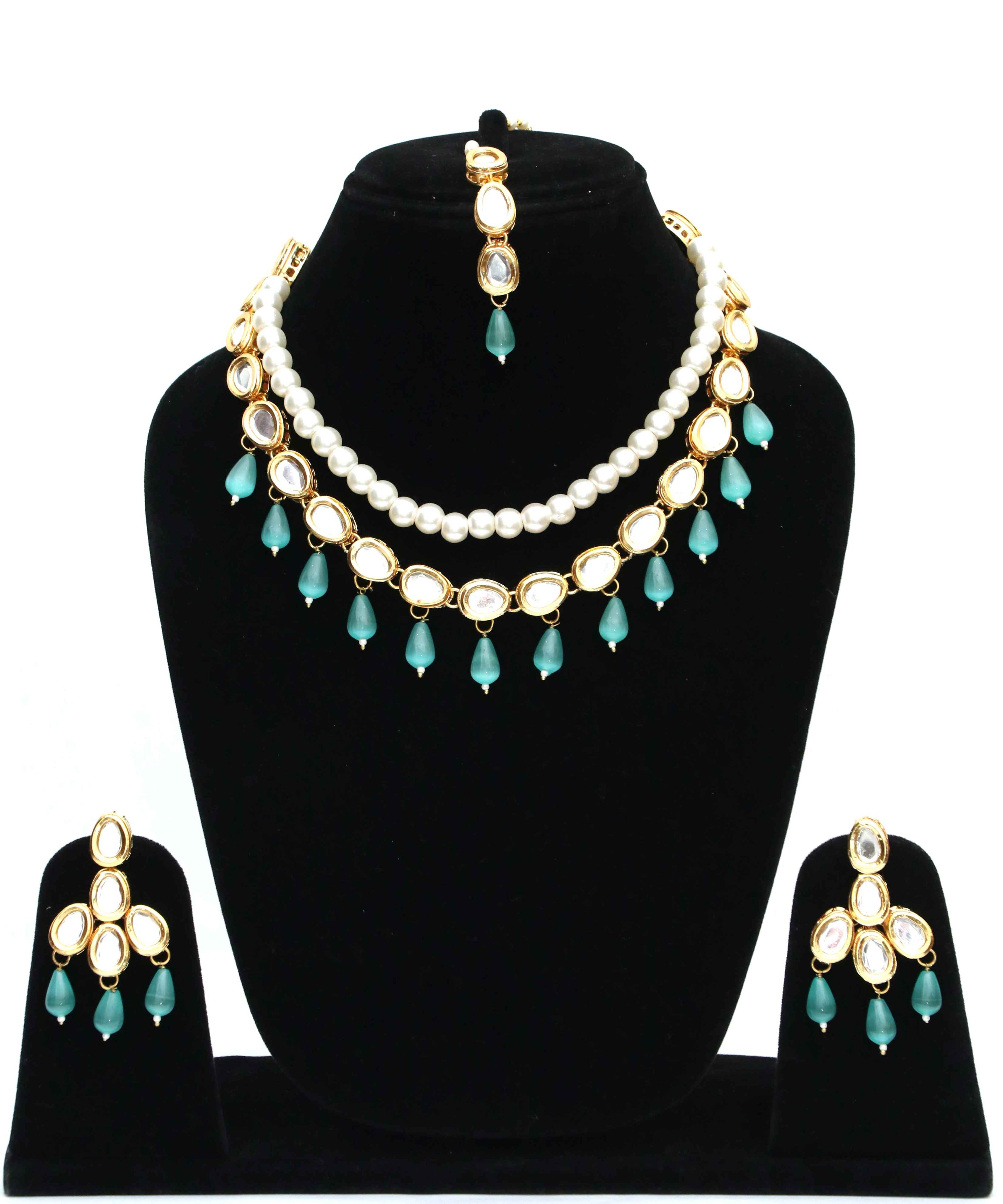 Kundan Light Green Necklace Set with Monalisa Stone