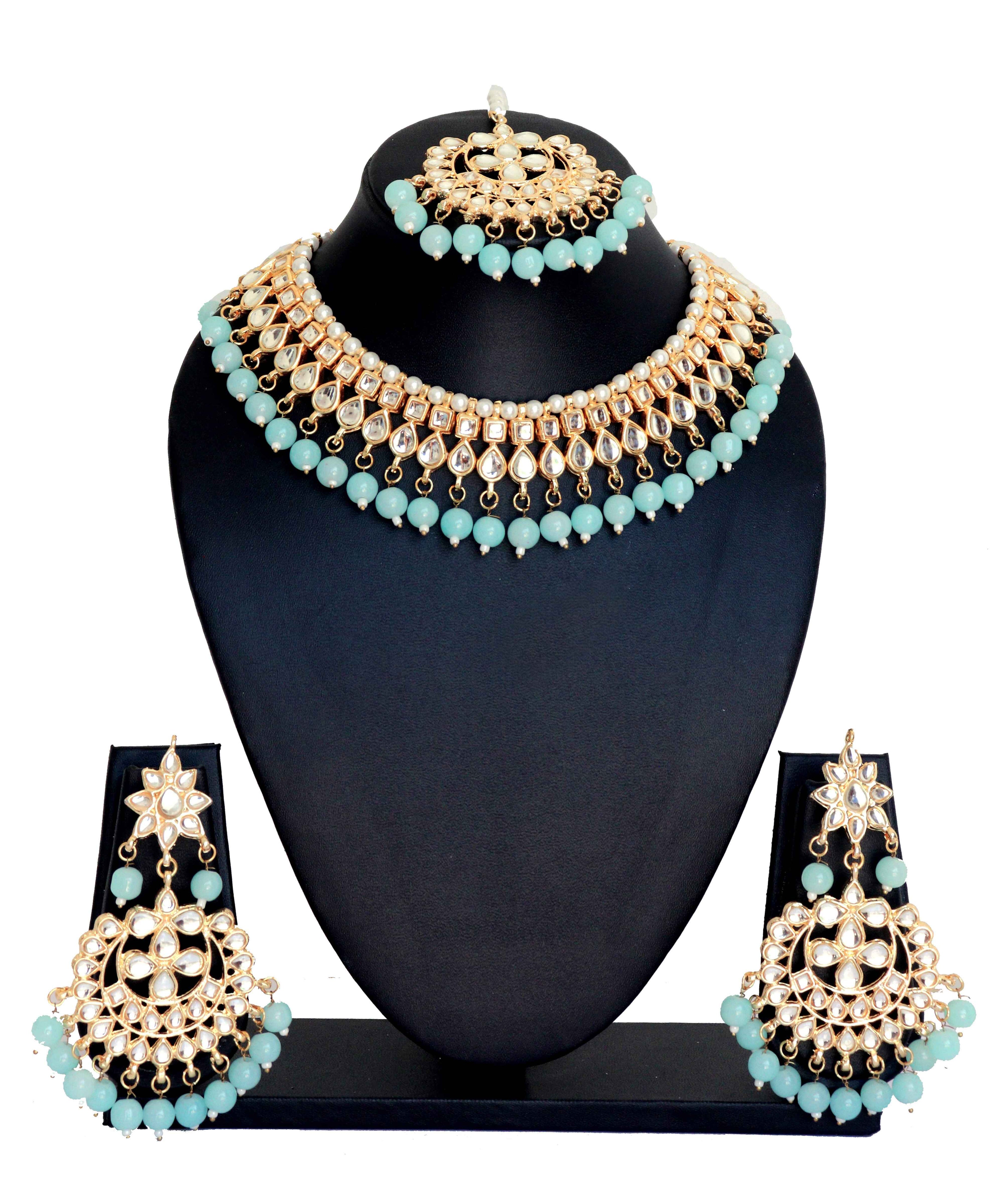 Kundan Choker Necklace Set with Firoji Pearls