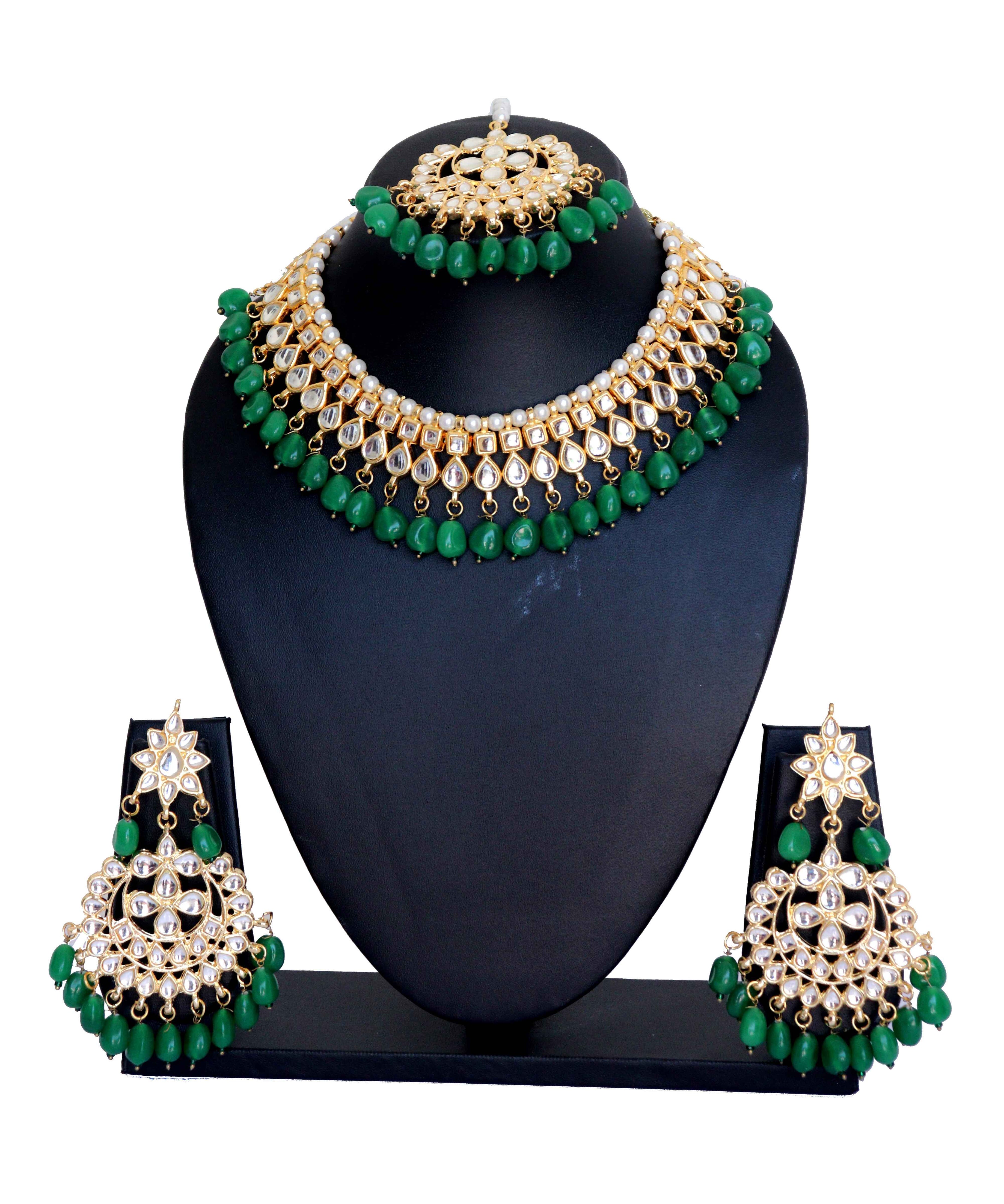 Kundan Choker Necklace Set with Green Pearls