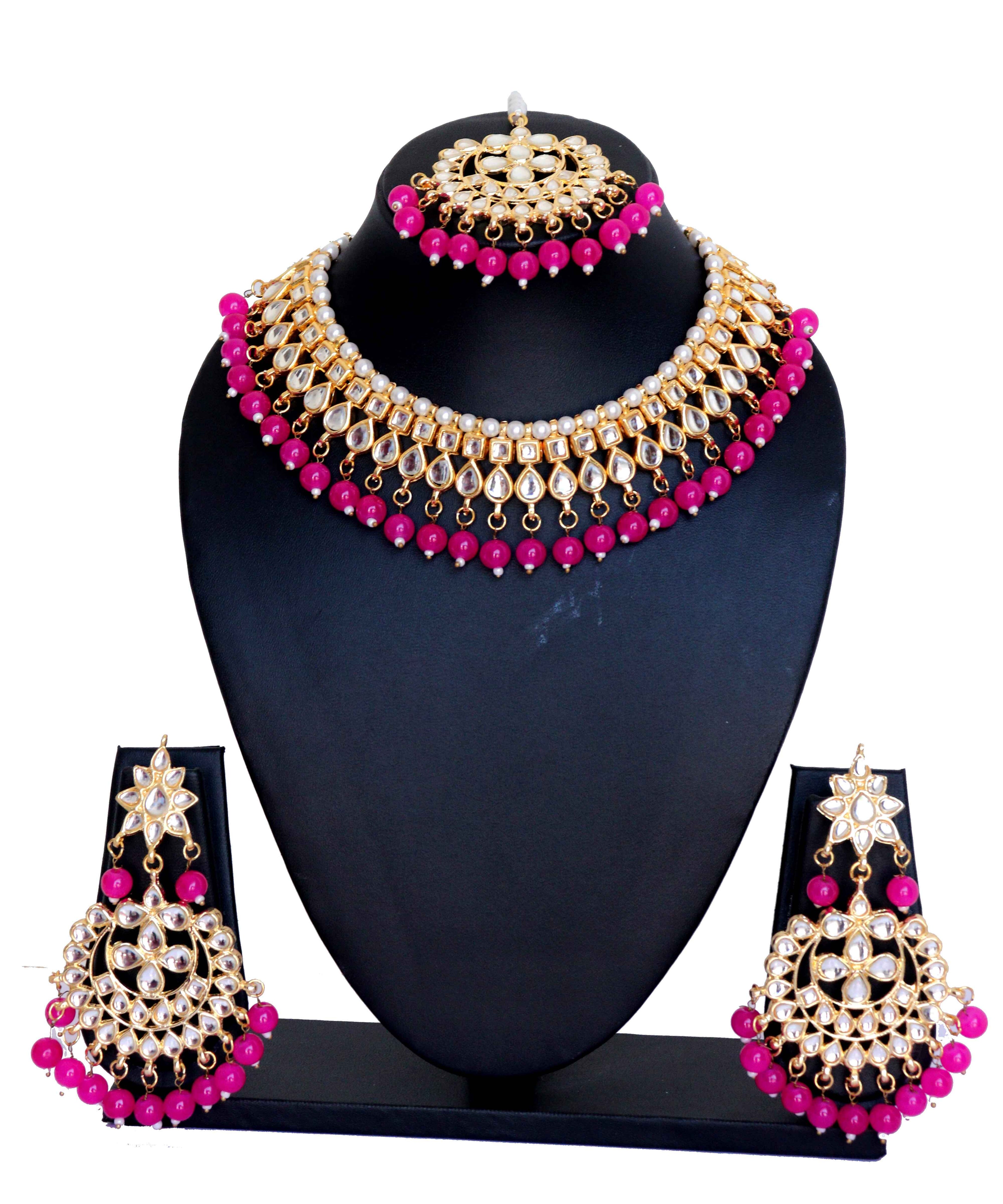 Kundan Choker Necklace Set with Magenta Pearls