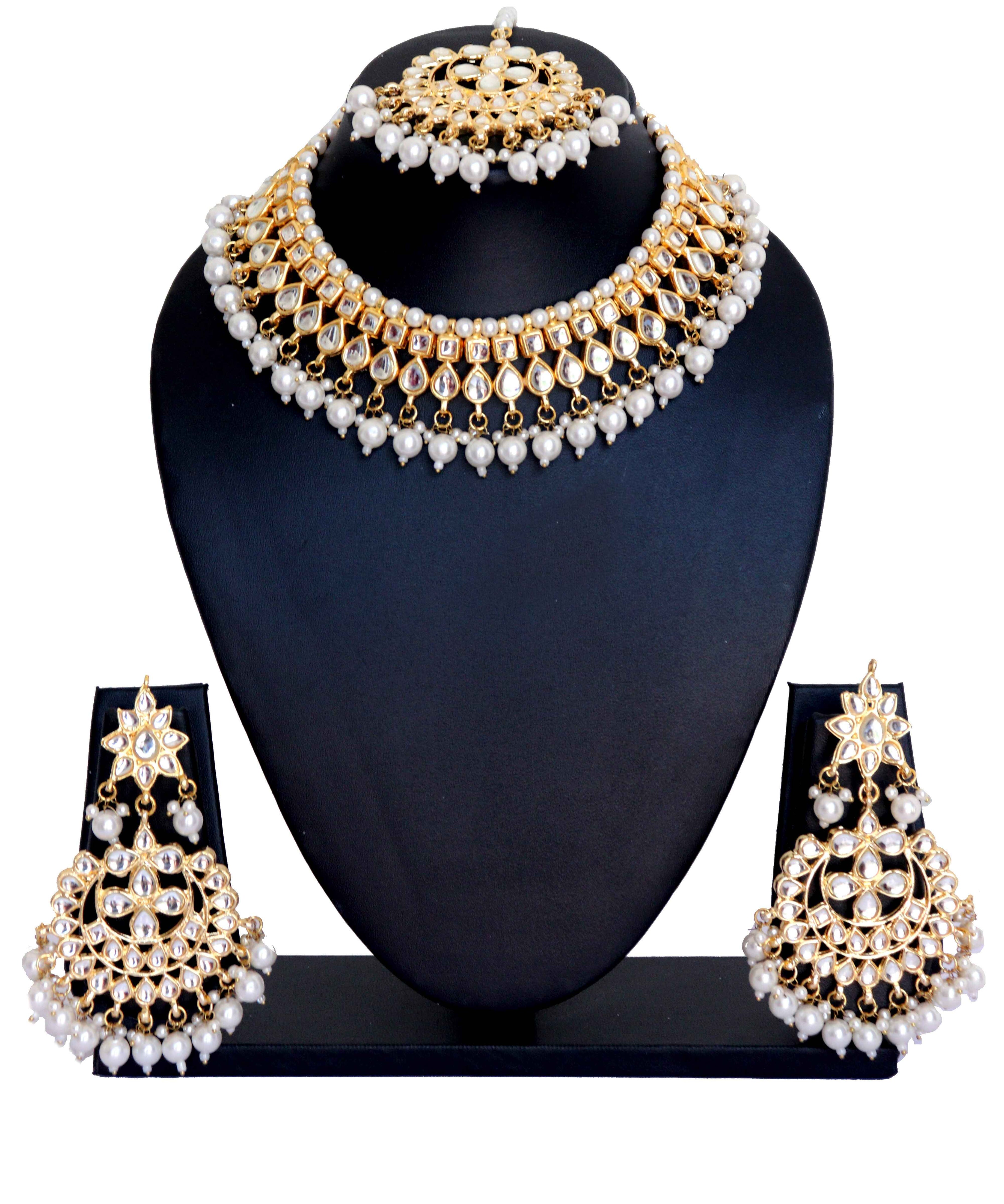 Kundan Choker Necklace Set with White Pearls