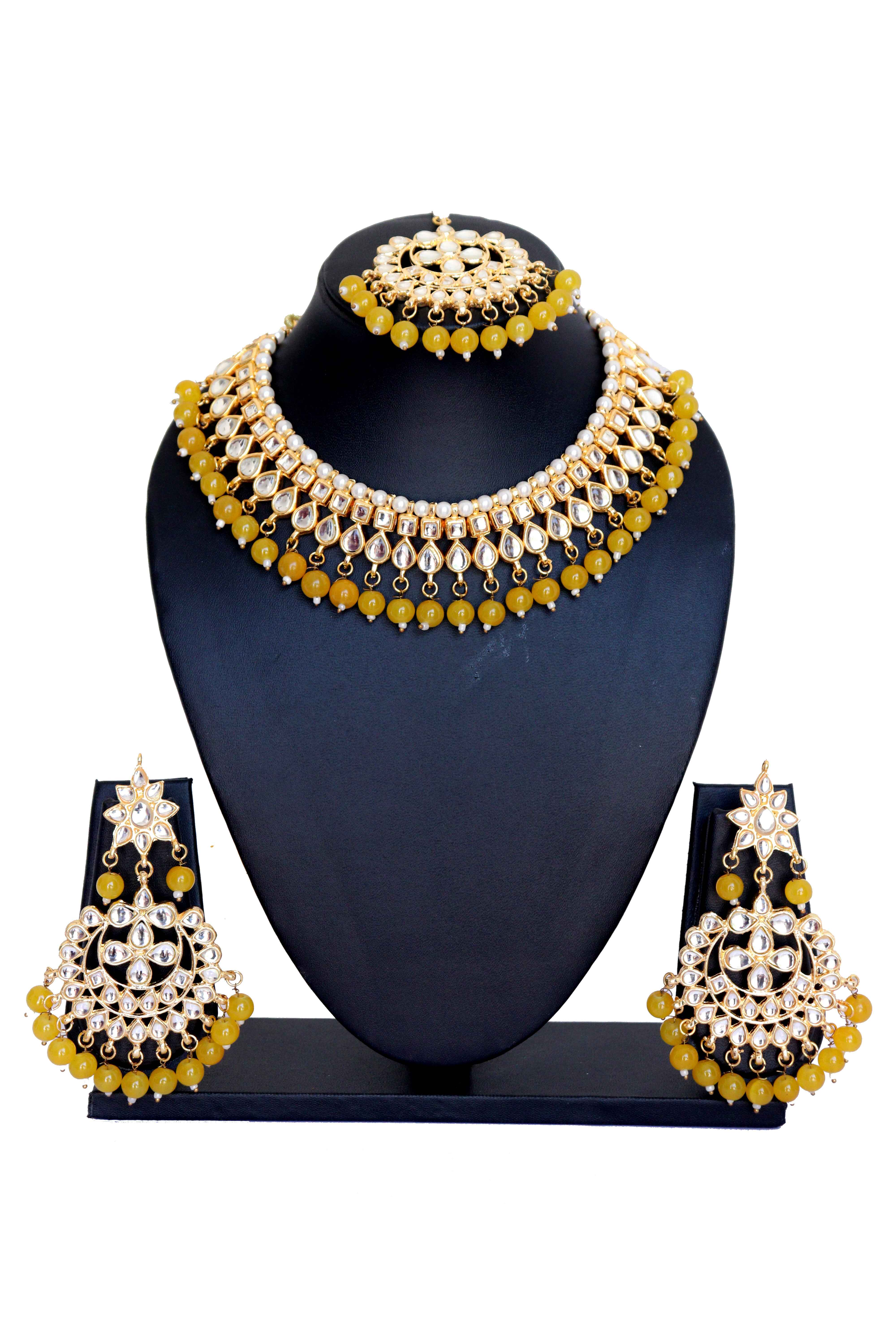 Kundan Choker Necklace Set with Dark Yellow Pearls