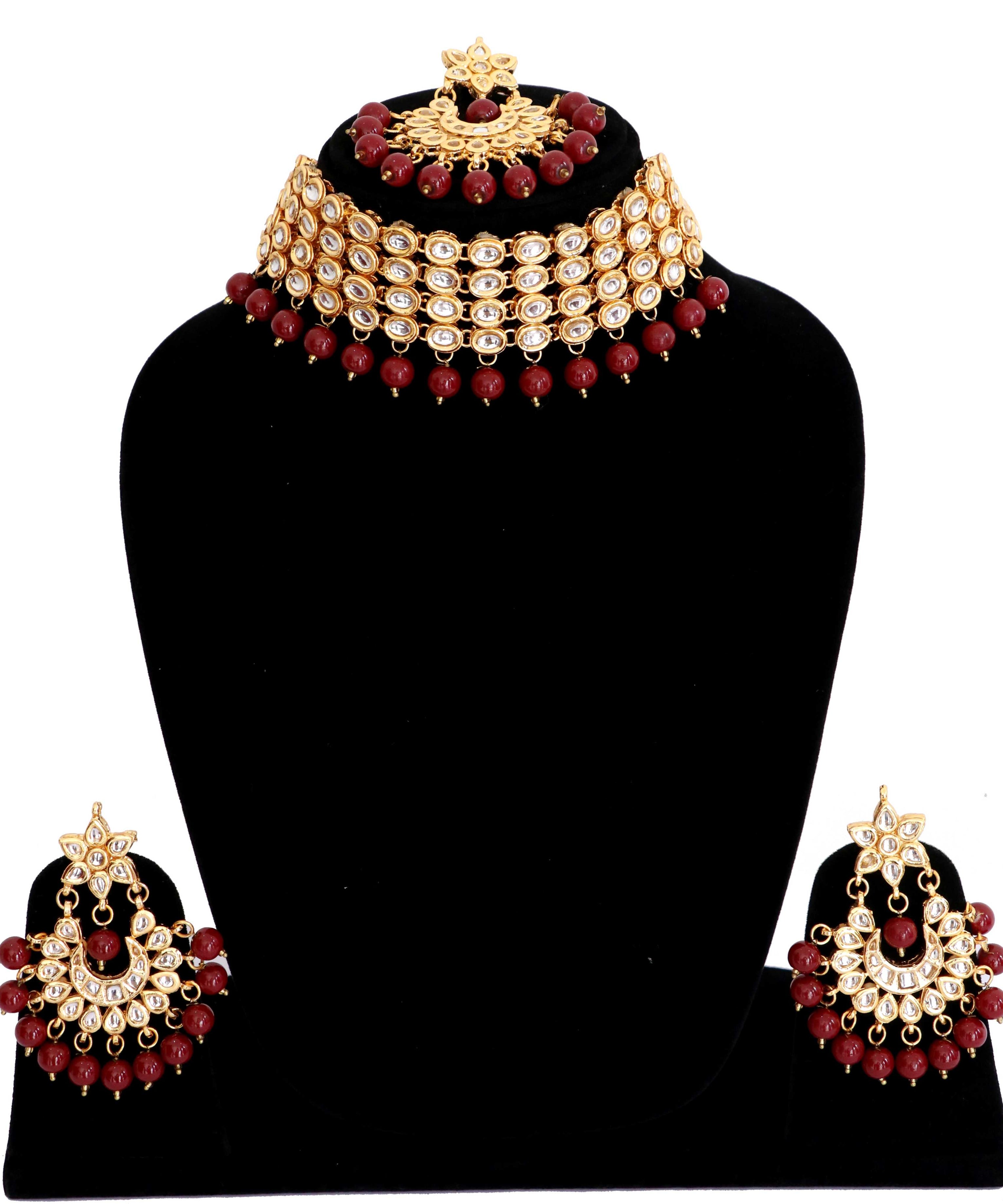 Kundan Necklace Set With Earring & Maang Tikka - Maroon