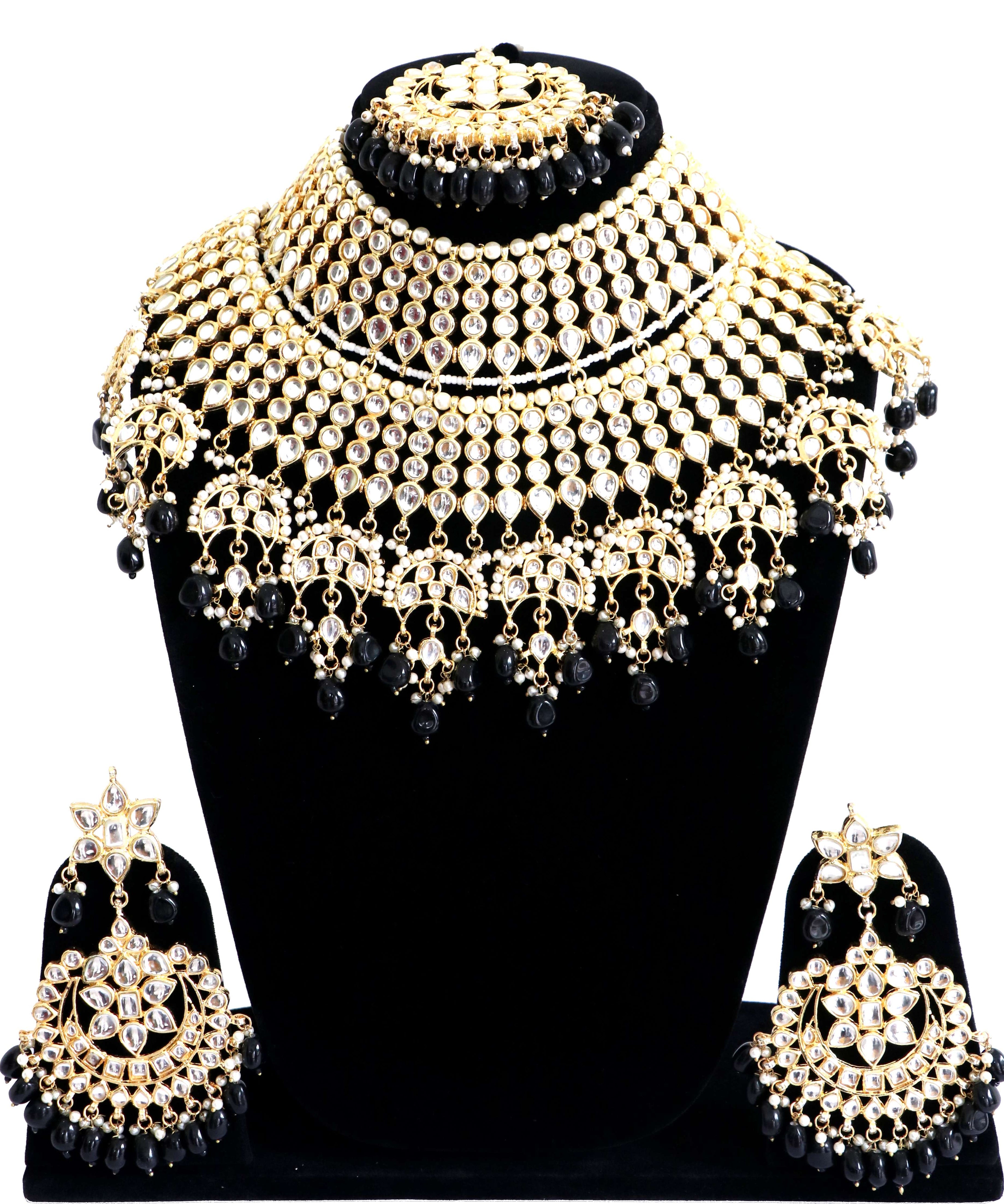 Kundan Bridal Necklace Set with Earrings and Maang Tikka - Black