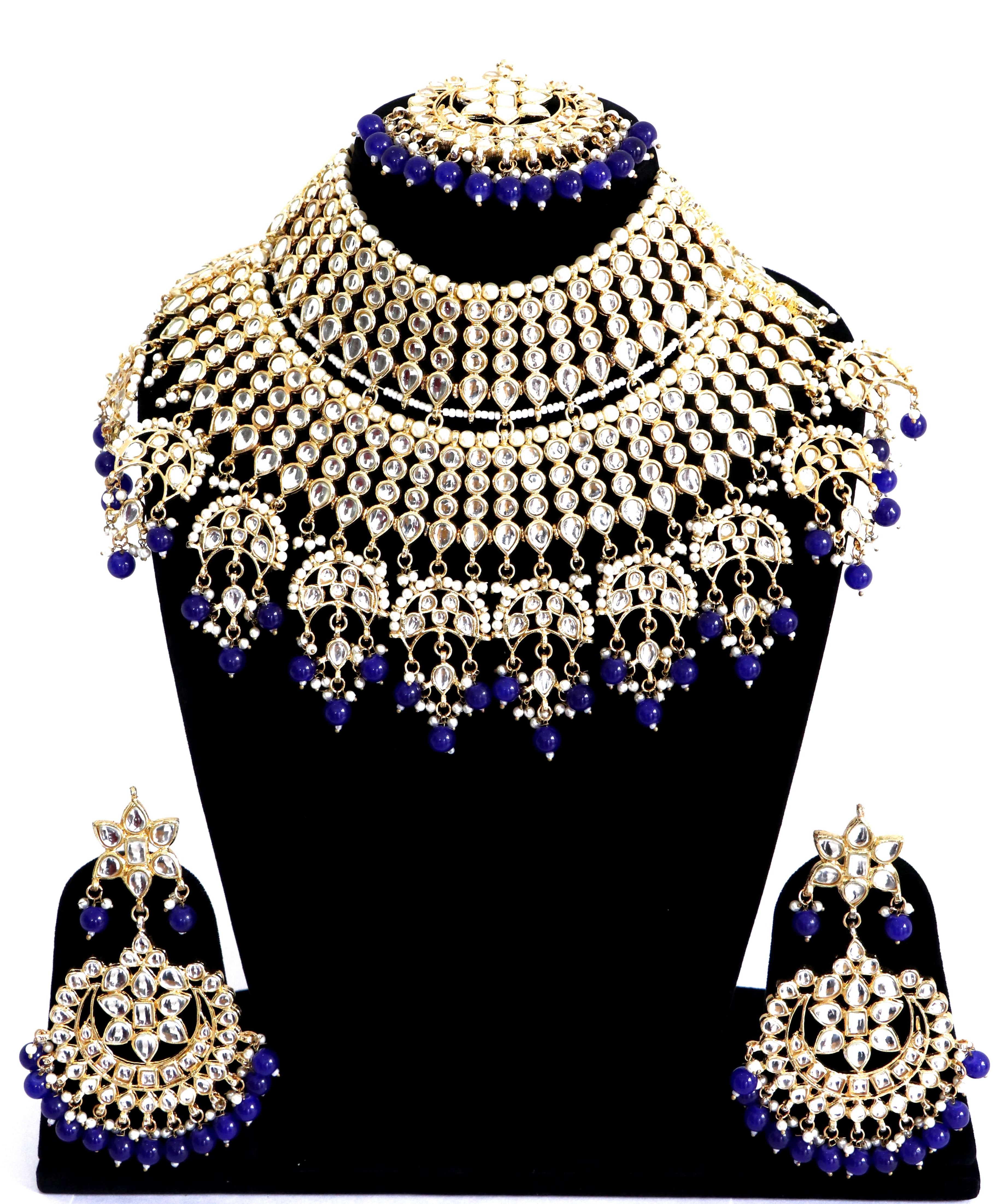 Kundan Bridal Necklace Set with Earrings and Maang Tikka - Blue