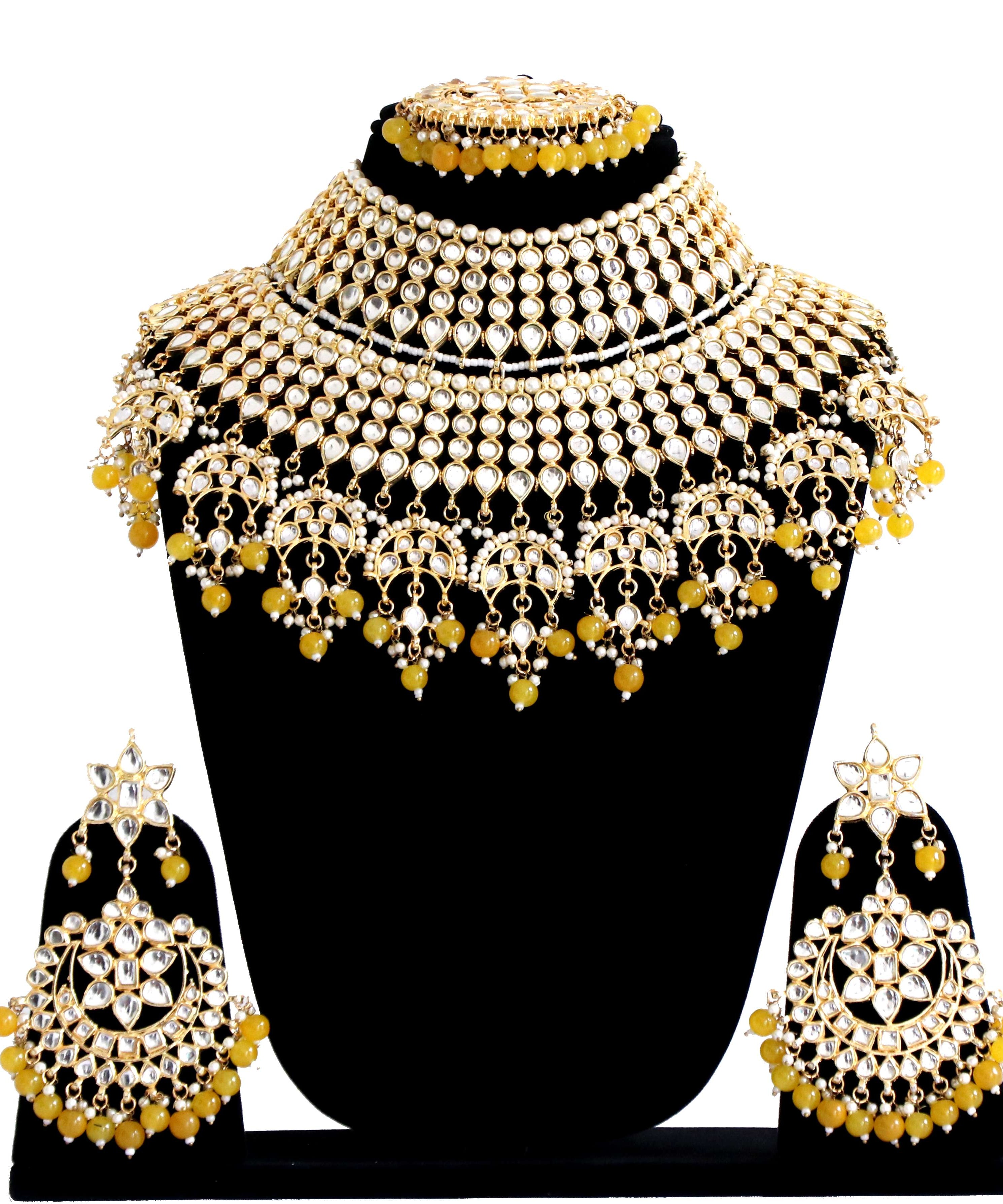 Kundan Bridal Necklace Set with Earrings and Maang Tikka - Yellow