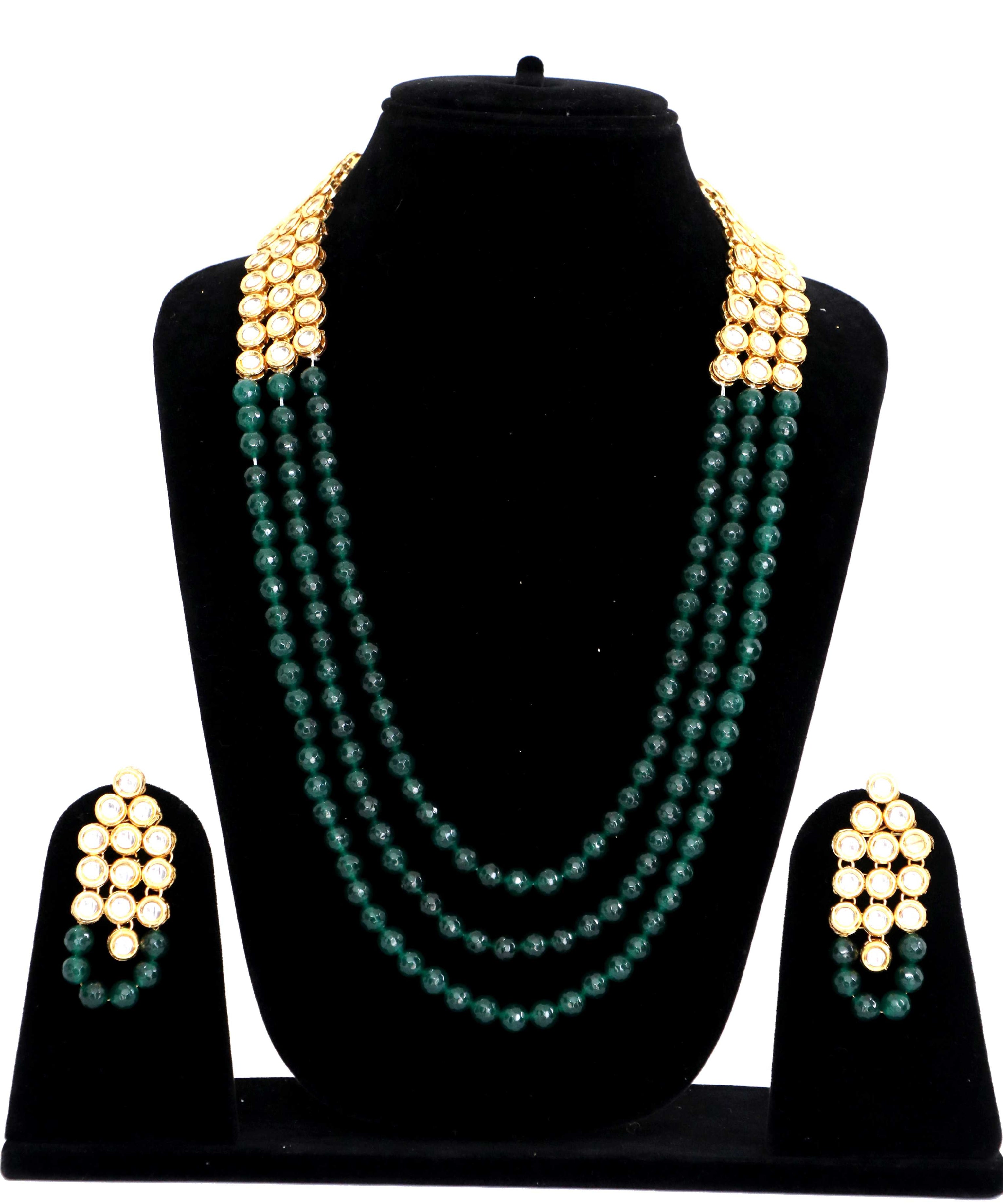 Kundan Long Haar Green Beeds Necklace Set