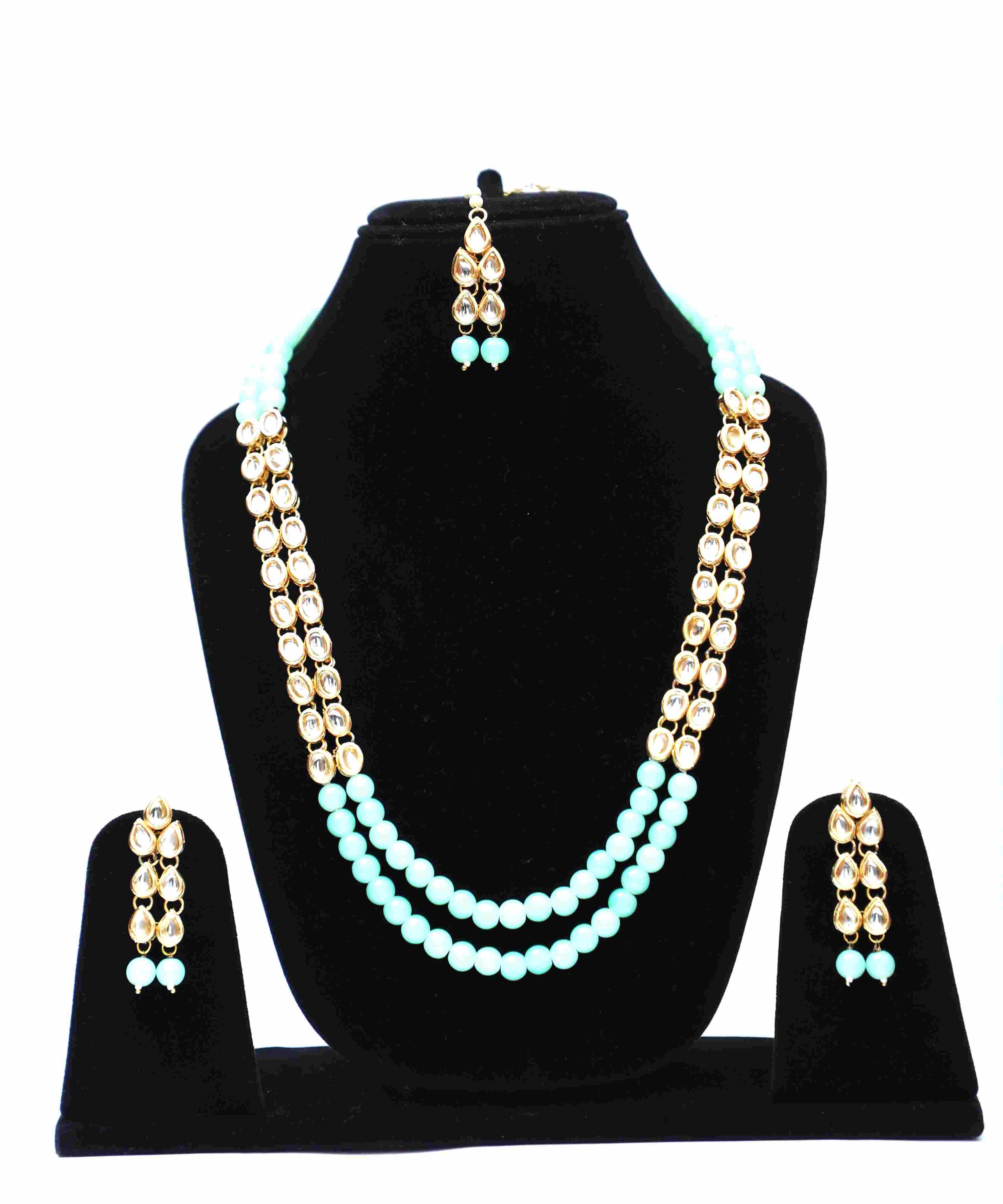 Kundan Long Necklace Set - Light Green