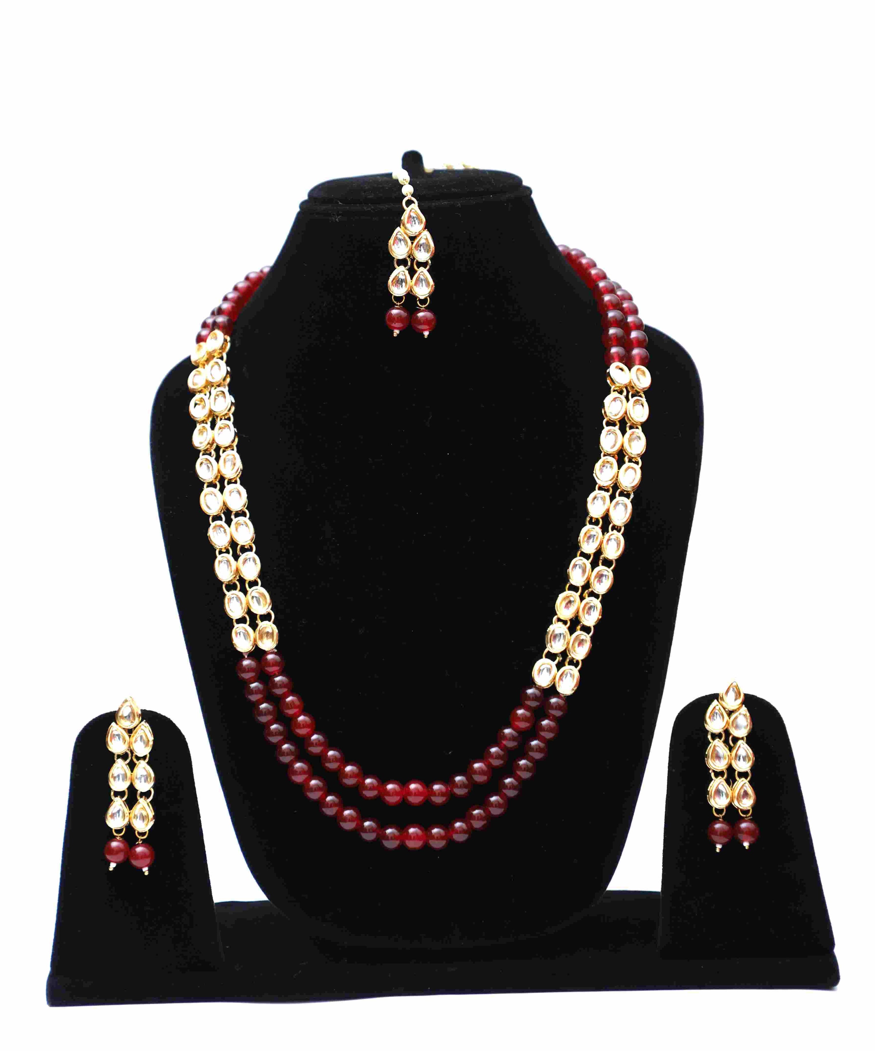 Kundan Long Necklace Set - Maroon