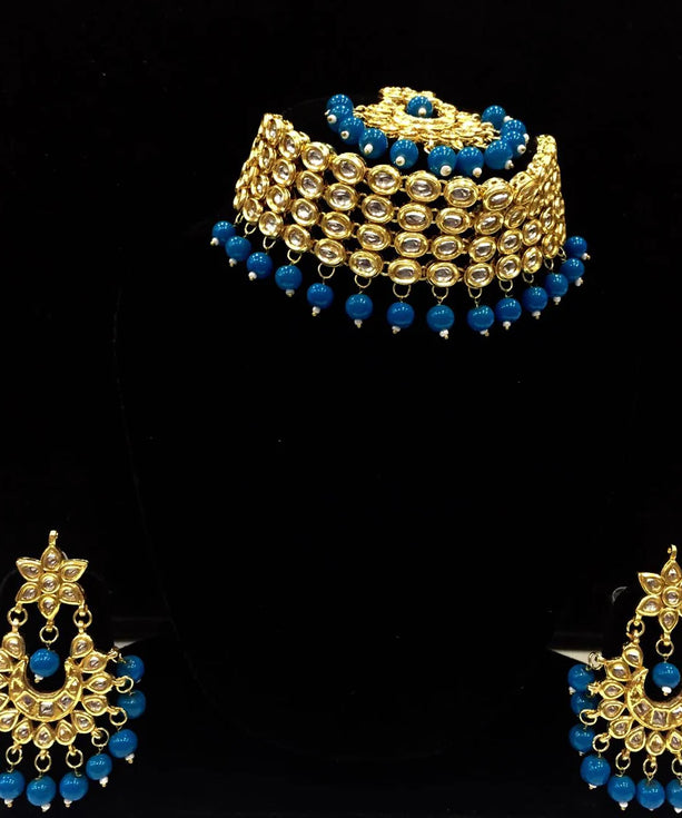 Kundan Necklace Set With Earring & Maang Tikka - Aqua