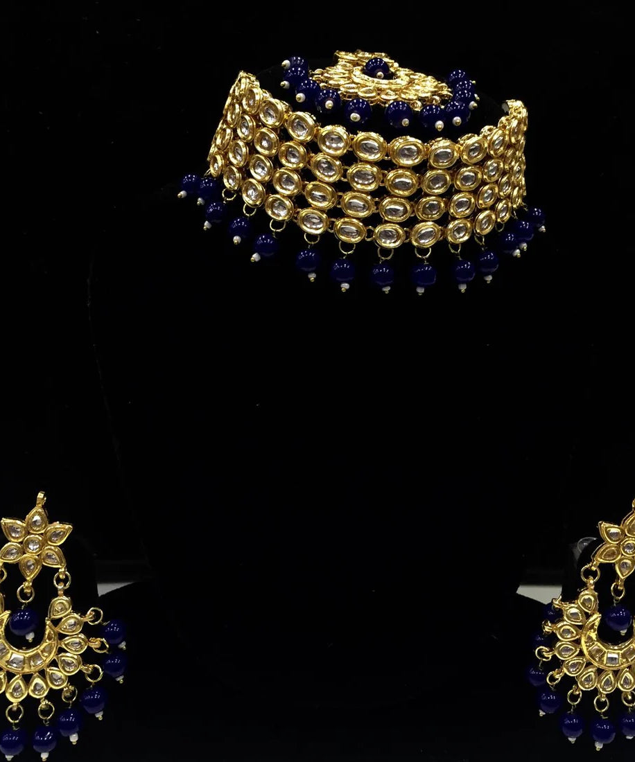 Kundan Necklace Set With Earring & Maang Tikka - Blue