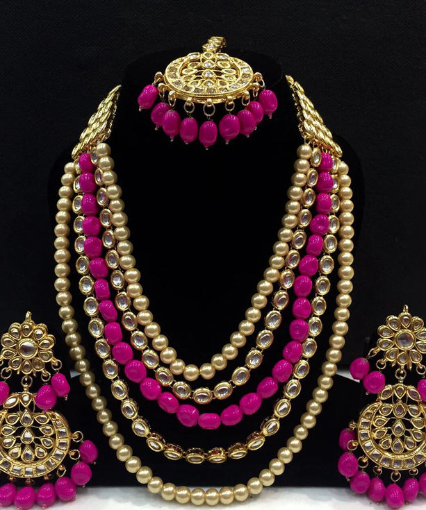 Kundan Long Haar Necklace Set - Pink