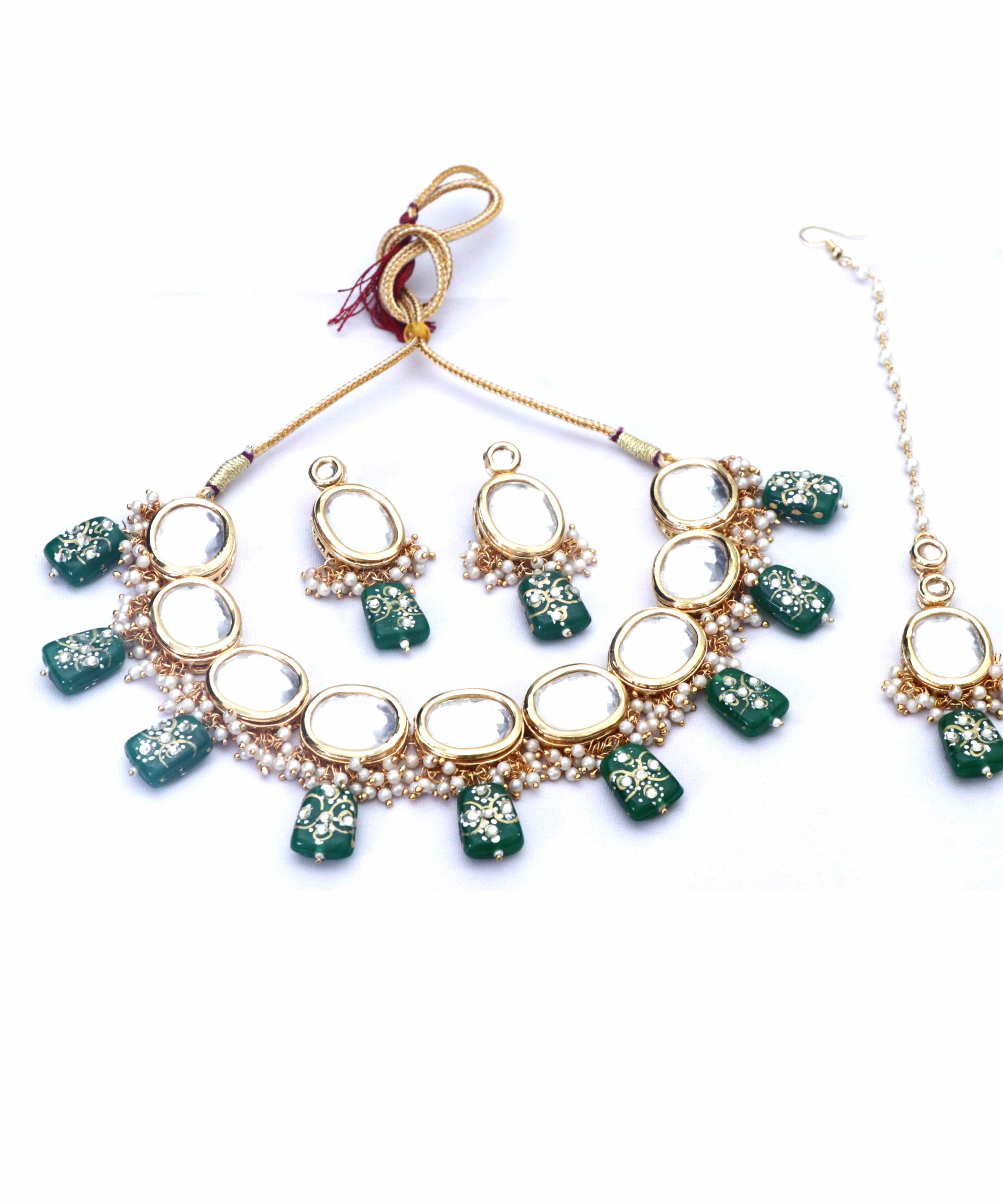 Kundan Green Beaded Necklace Set With Meenakari Work