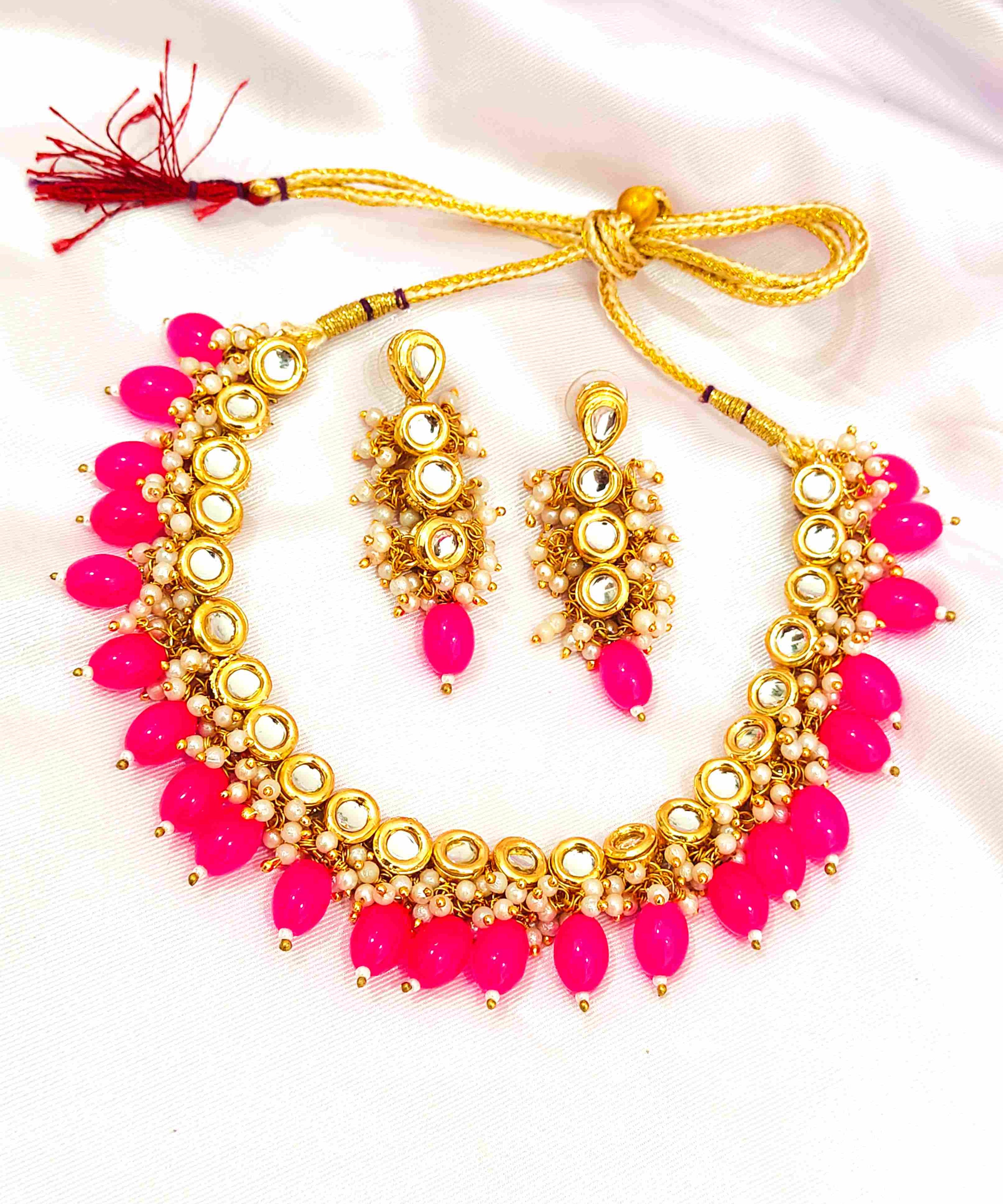 Pink Beaded Kundan Single Layer Necklace Set