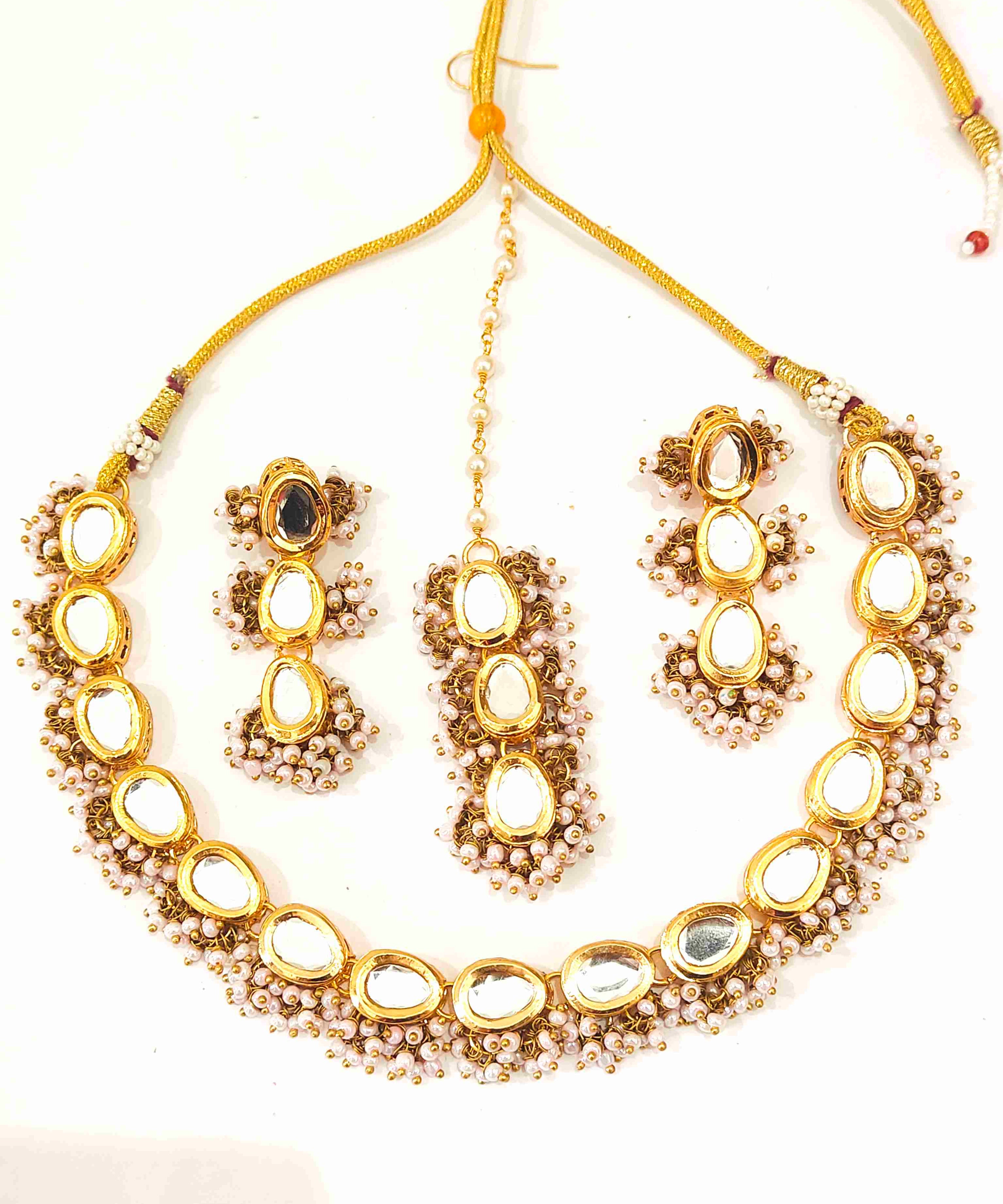 ShailiCraft Gold Plated Kundan Choker Set with Light Pink Beads