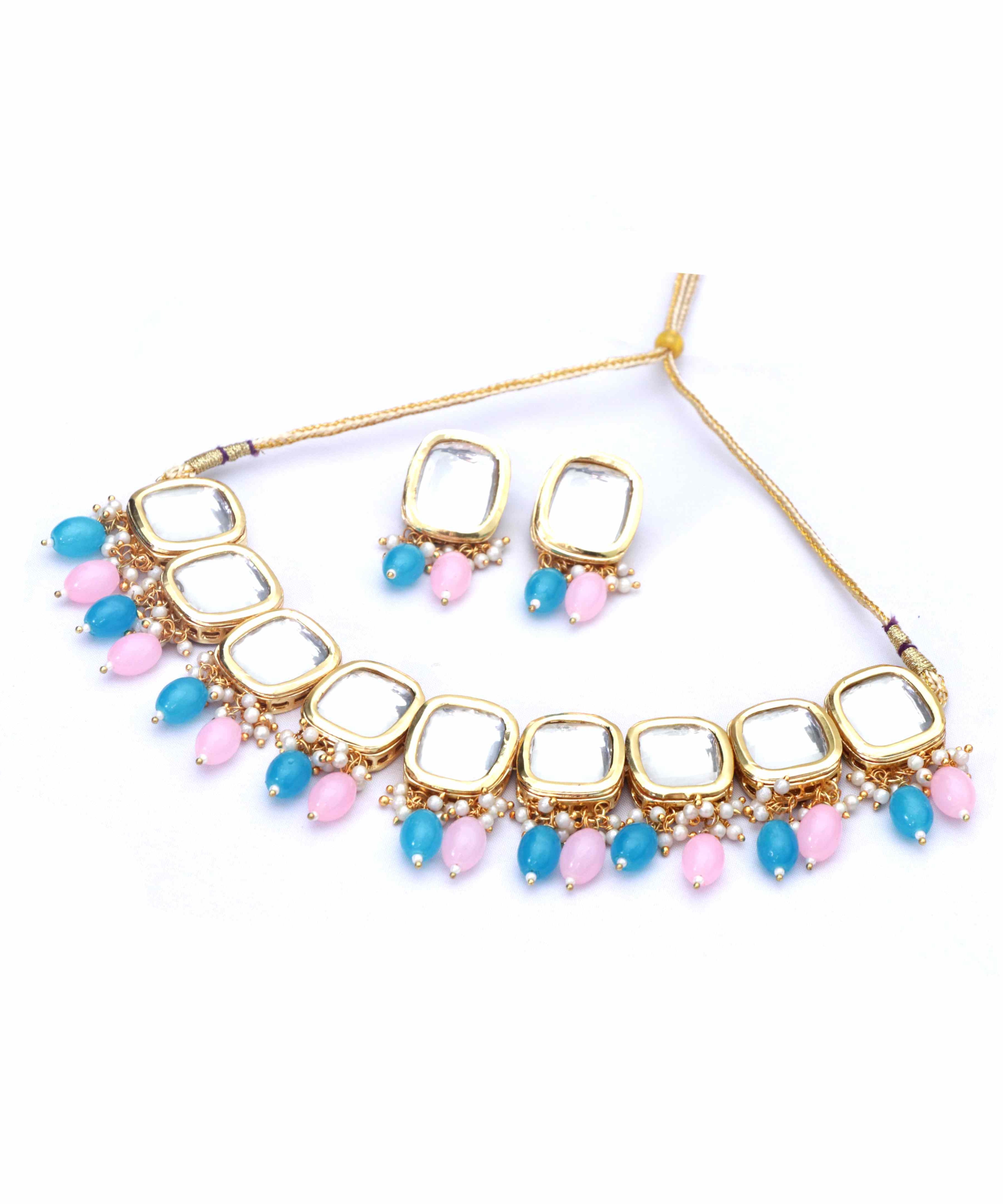 Kundan Meenakari Necklace Set with Pink & Blue Stone